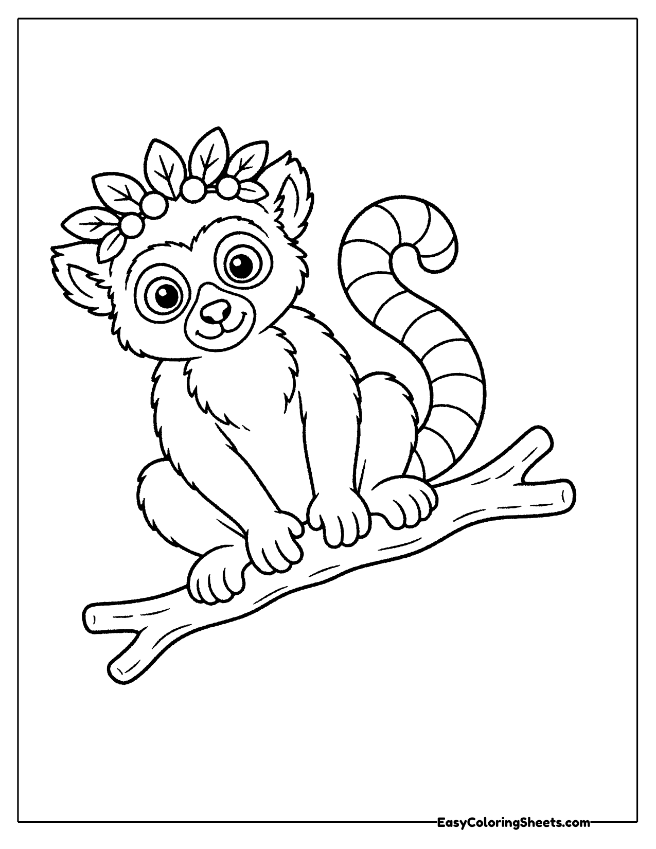Lemur wearing a leaf crown on a branch
