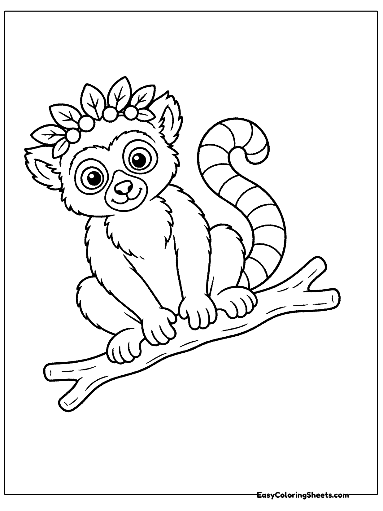 A lemur sits on a branch wearing a little crown of leaves on its head, with its ringed tail curling below.
