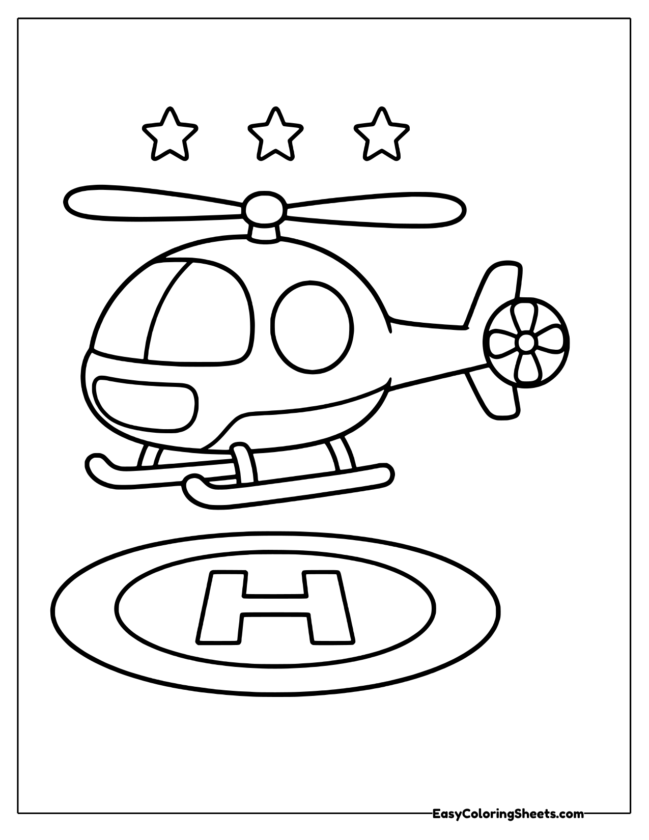 Round cartoon helicopter flying above an H helipad under three stars