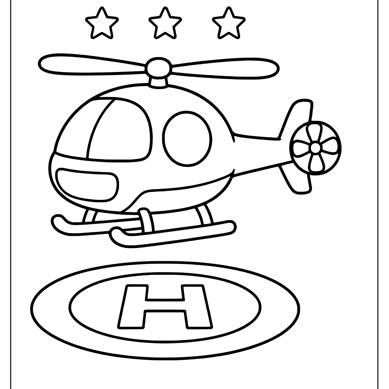 Round cartoon helicopter flying above an H helipad under three stars