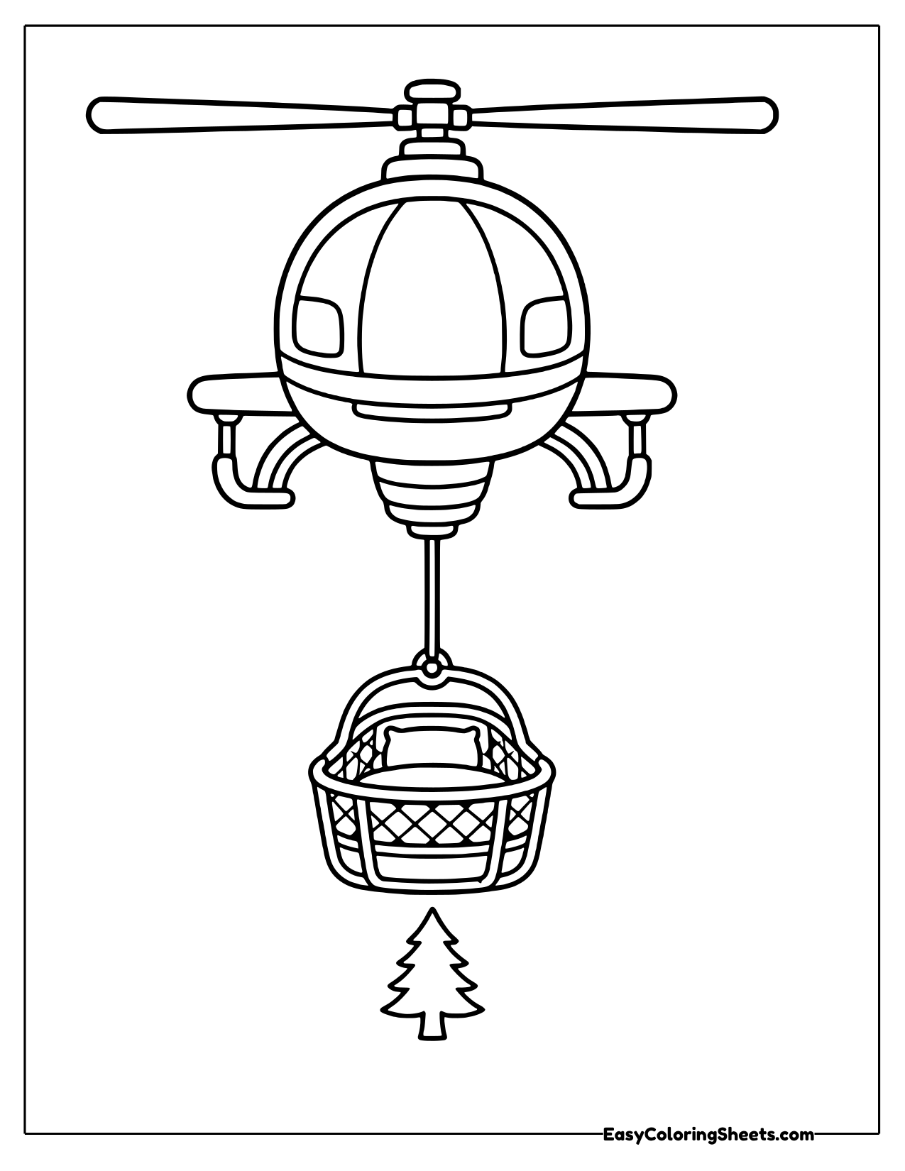 Front view rescue helicopter lowering a woven basket on a cable above a pine tree