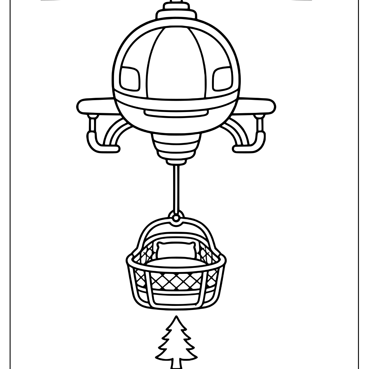 Front view rescue helicopter lowering a woven basket on a cable above a pine tree