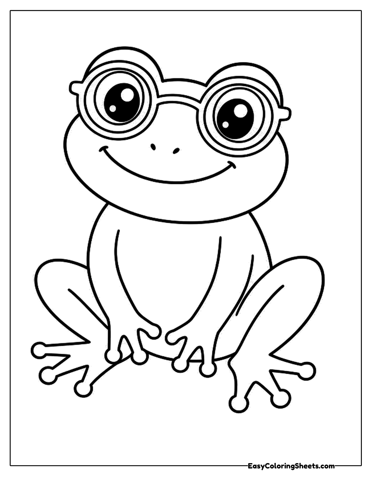 Frog wearing round glasses with a big grin