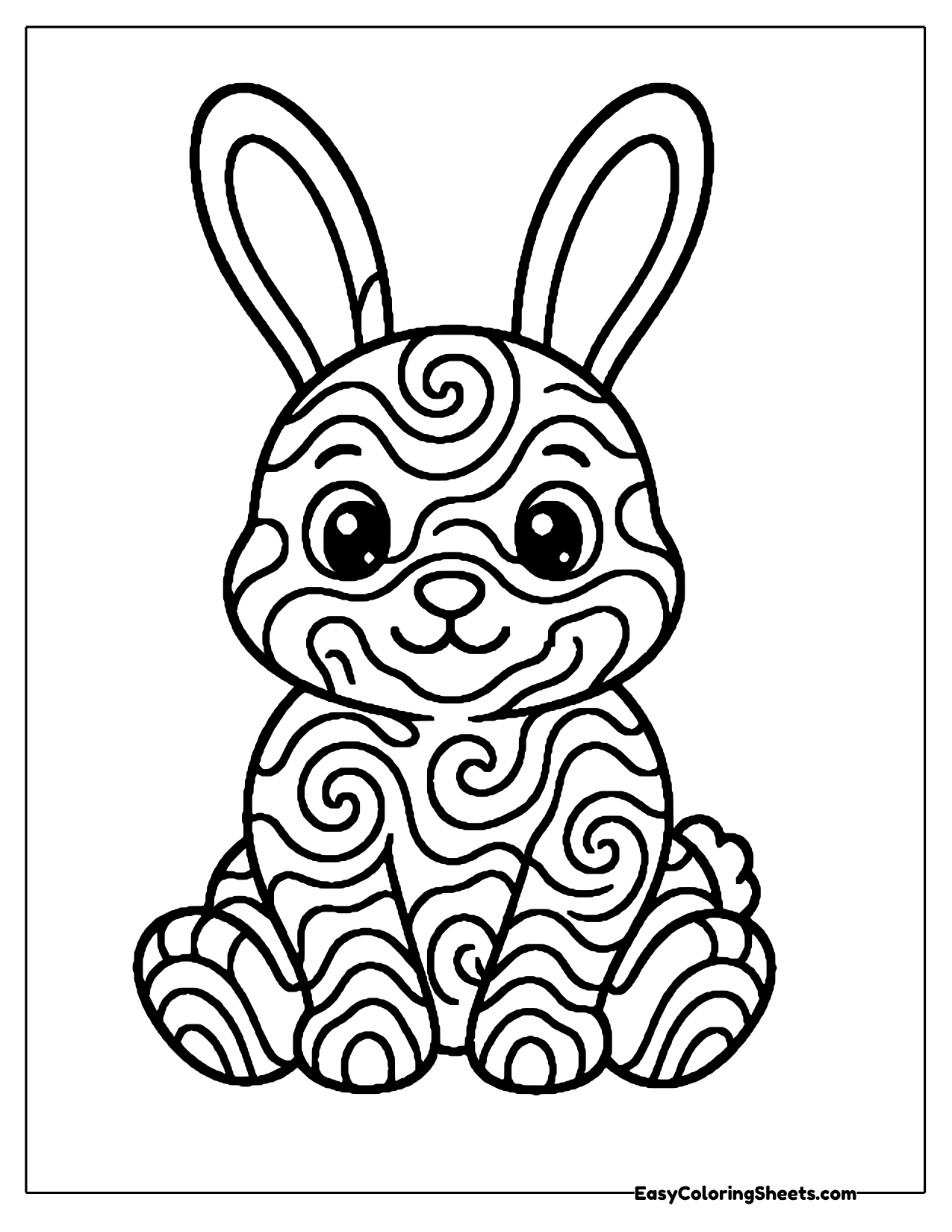 Sitting bunny filled with big round swirls and curly spirals