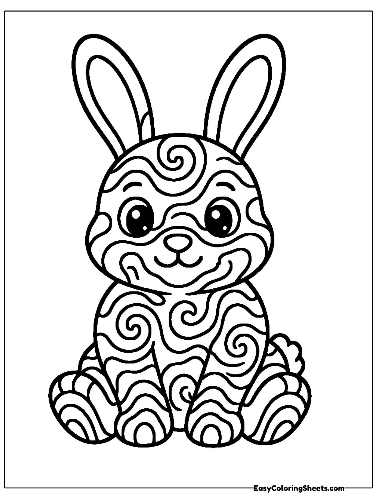 A sitting bunny with tall ears is filled with big round swirls and curly spirals from its ears to its feet.