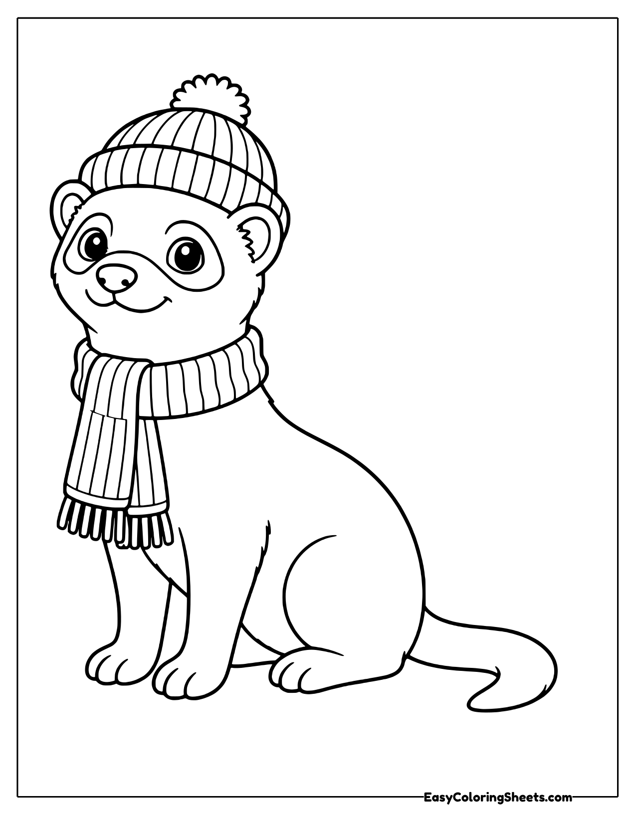 Ferret sitting in a knit beanie and long scarf