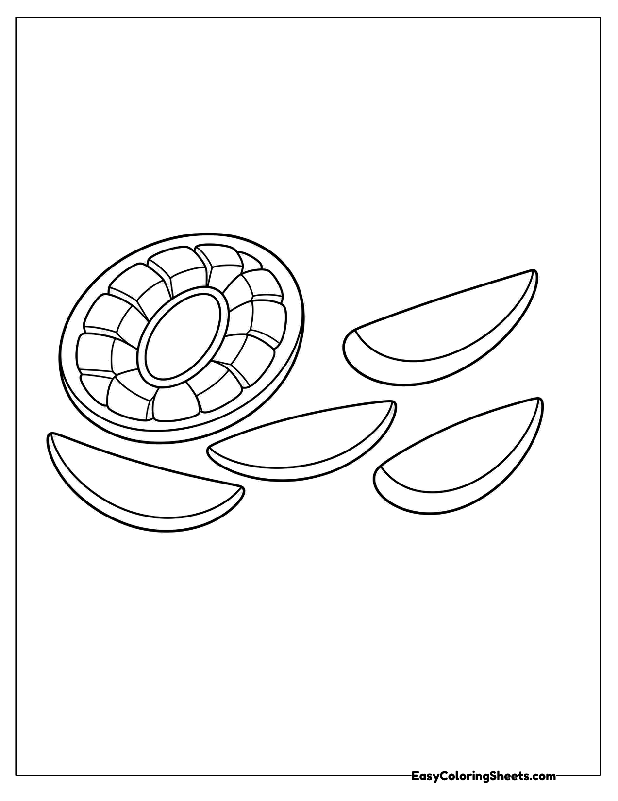 Mango slices and a sliced half on the page