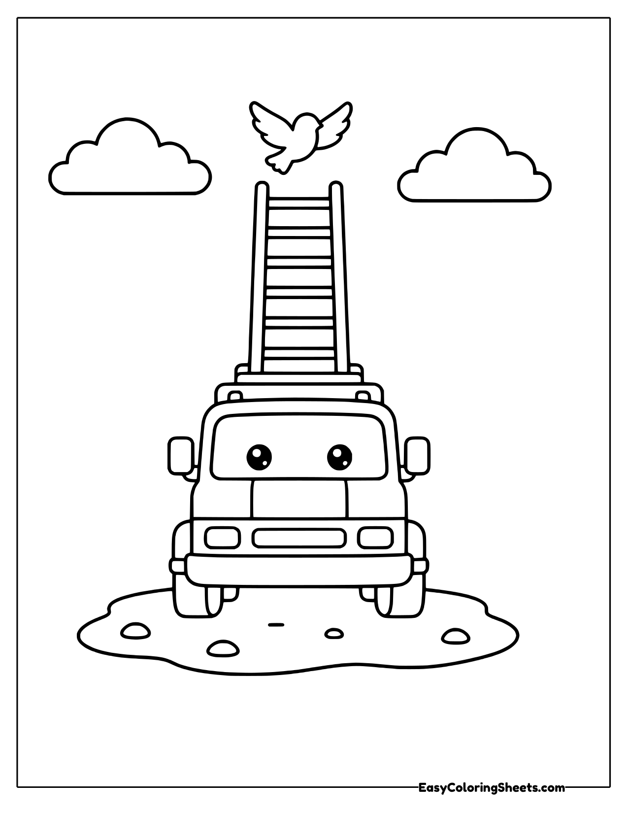 Smiling fire truck with its ladder raised