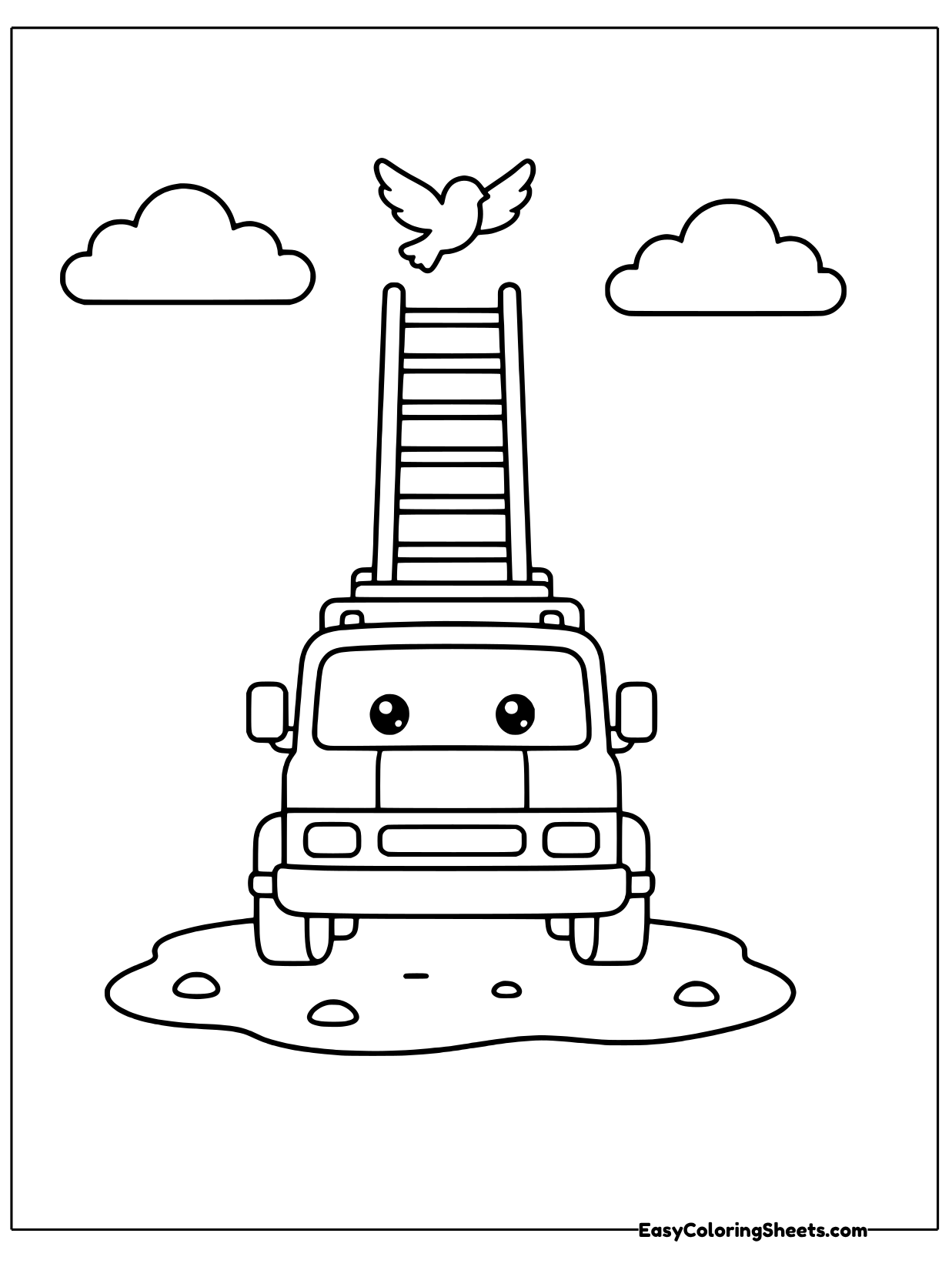 A fire truck with a happy face raises its tall ladder high into the sky while clouds and a bird float nearby.