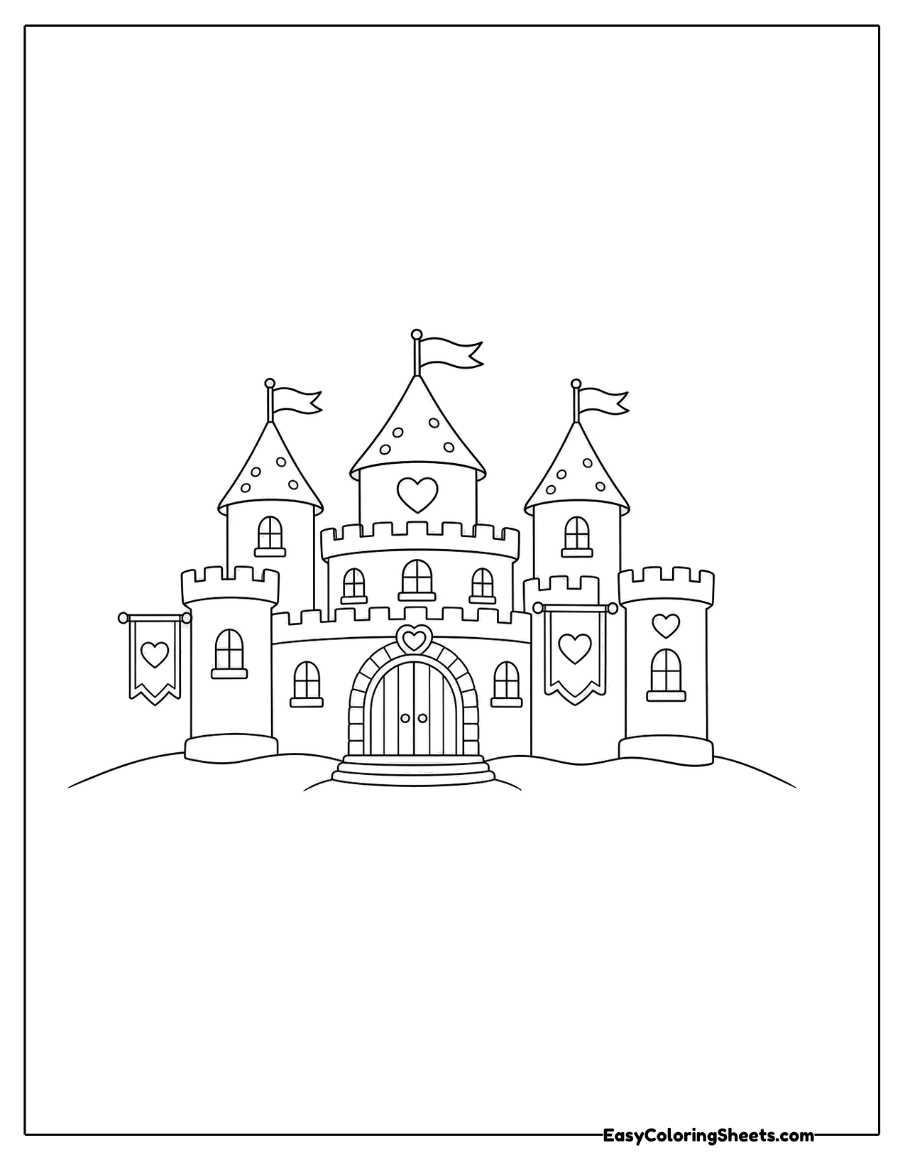 Wide castle with flags waving on every tower