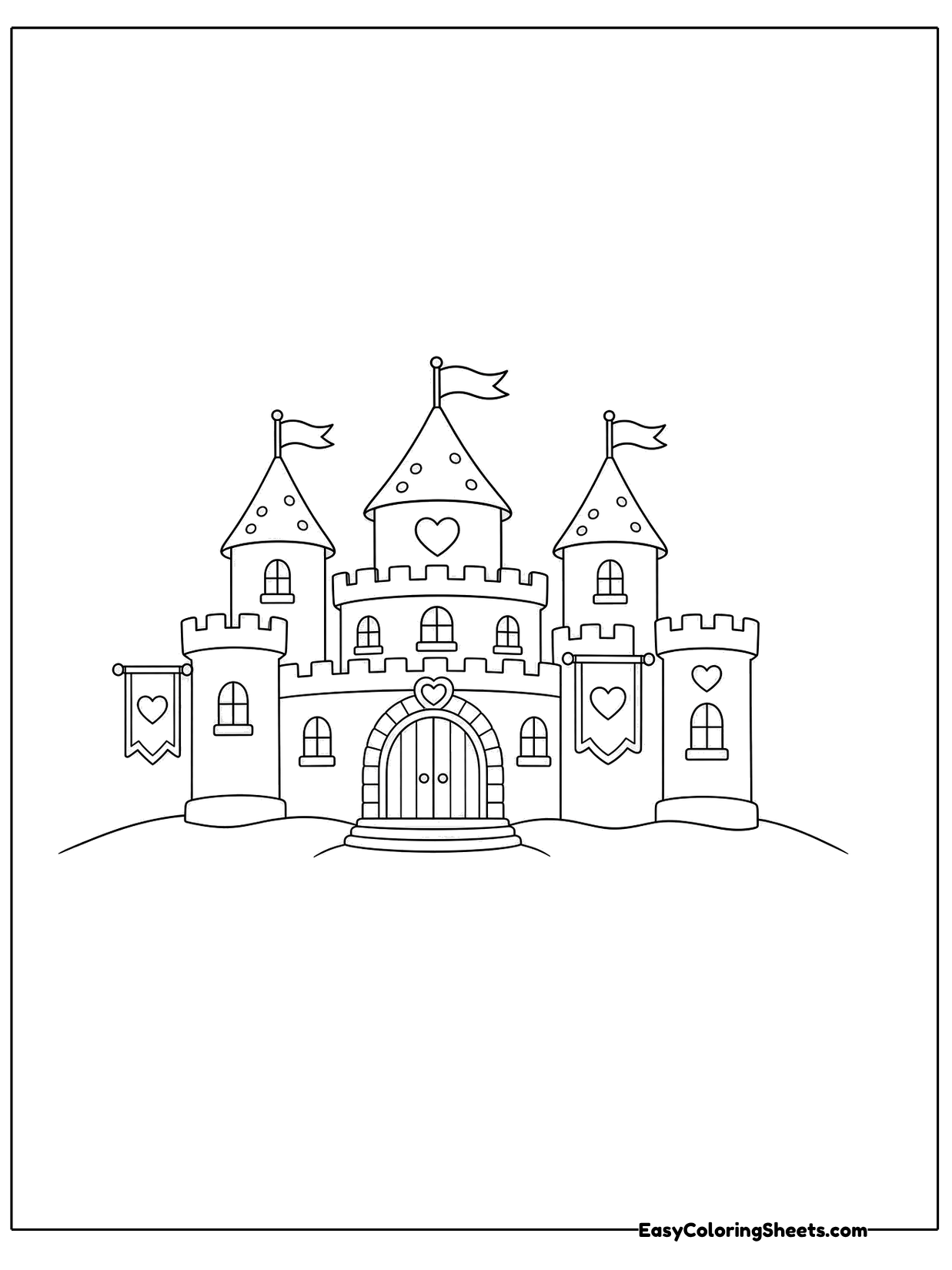 A broad castle stretches across the page with several towers, each topped by a little flag, and banners hung on the walls.