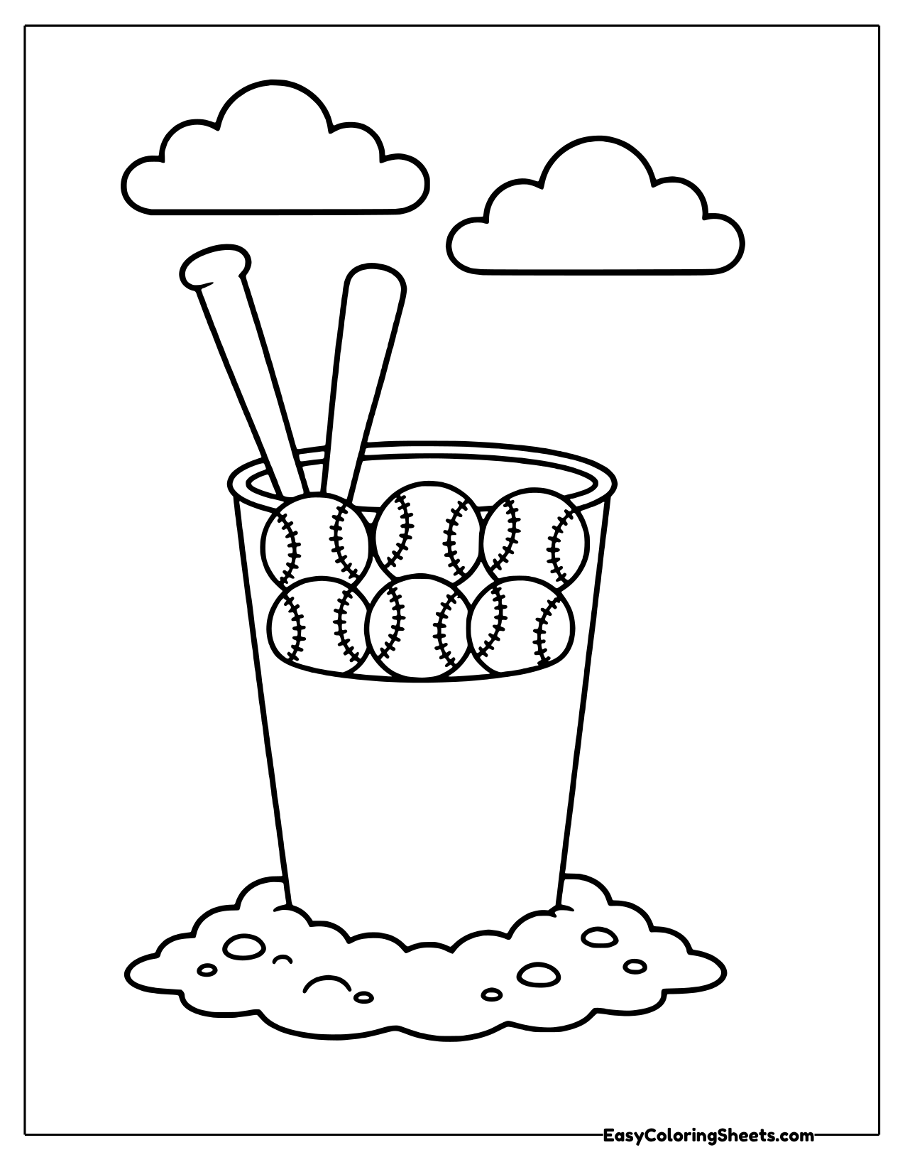 Bucket of baseballs with tall bats