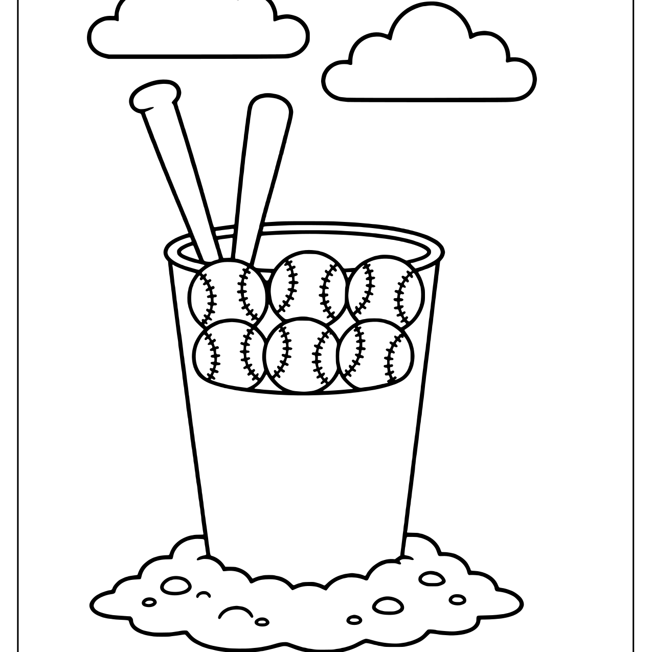 Bucket of baseballs with tall bats