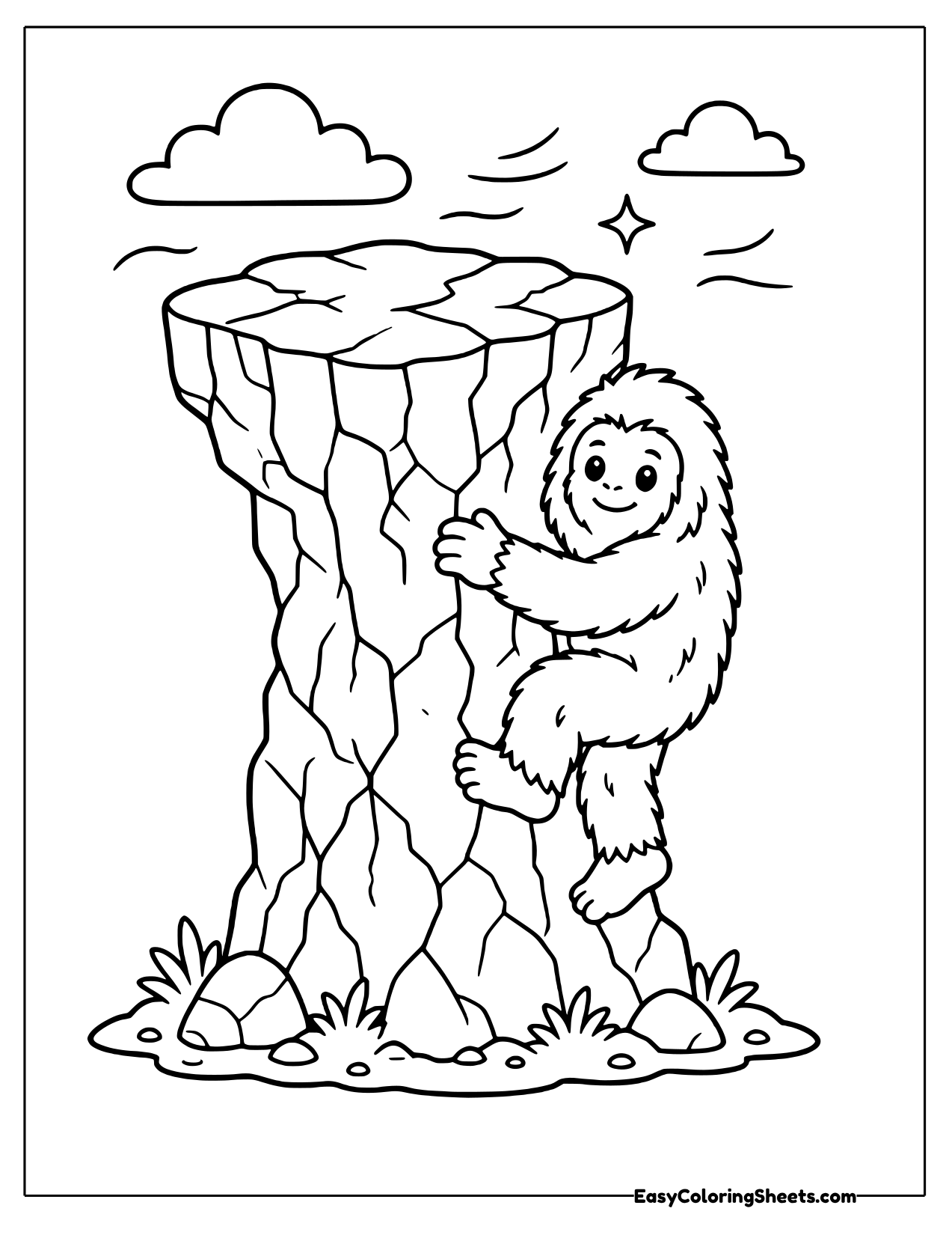 Bigfoot climbing a tall rock