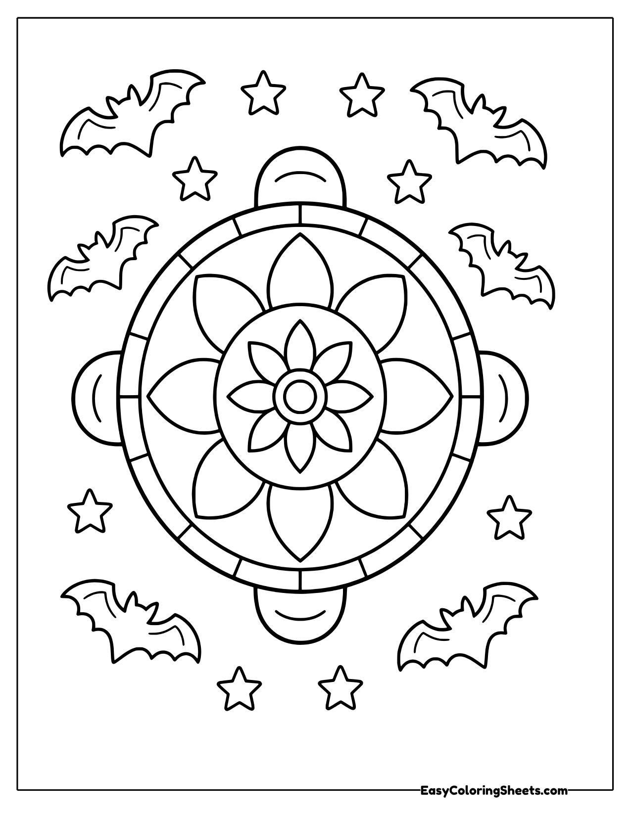 Turtle seen from above with a round flower mandala shell, bats and stars