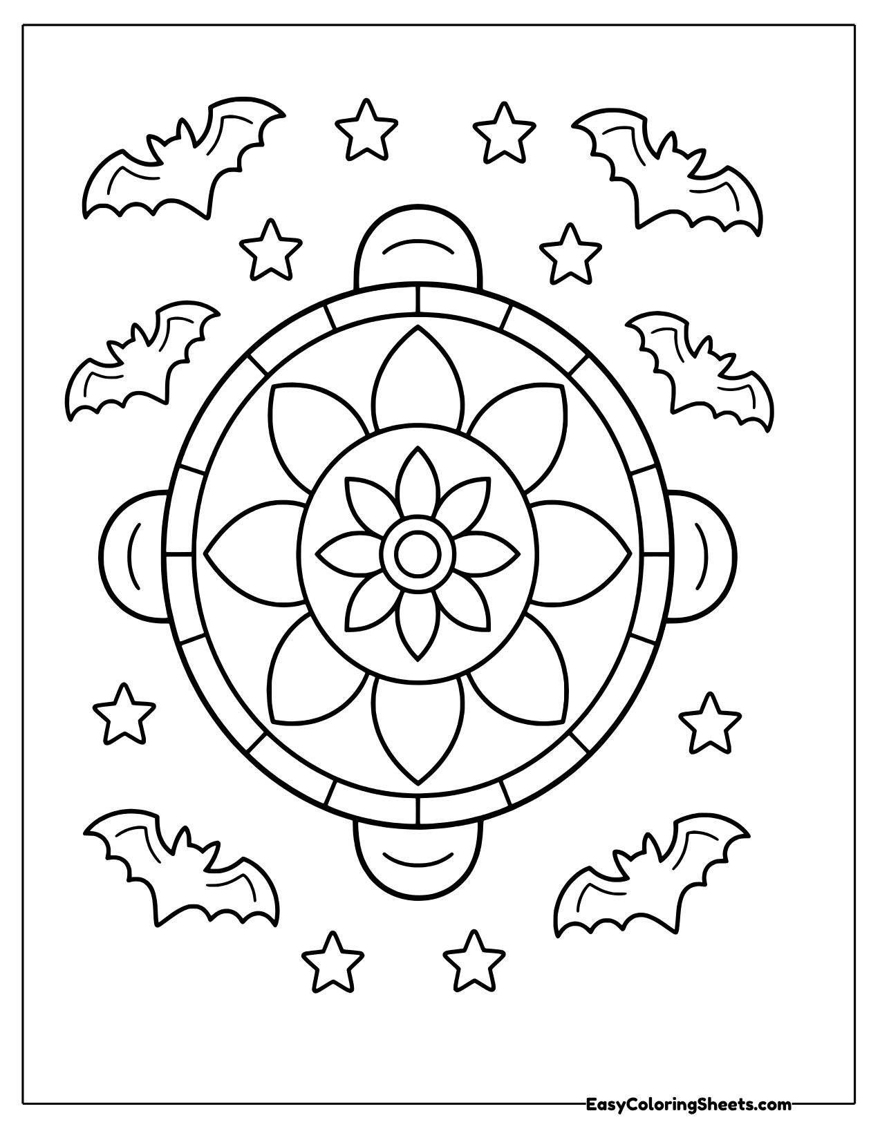 Turtle seen from above with a round flower mandala shell, bats and stars