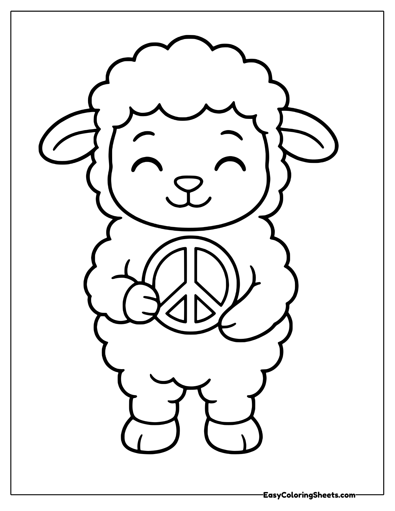 Fluffy standing lamb holding a round peace sign