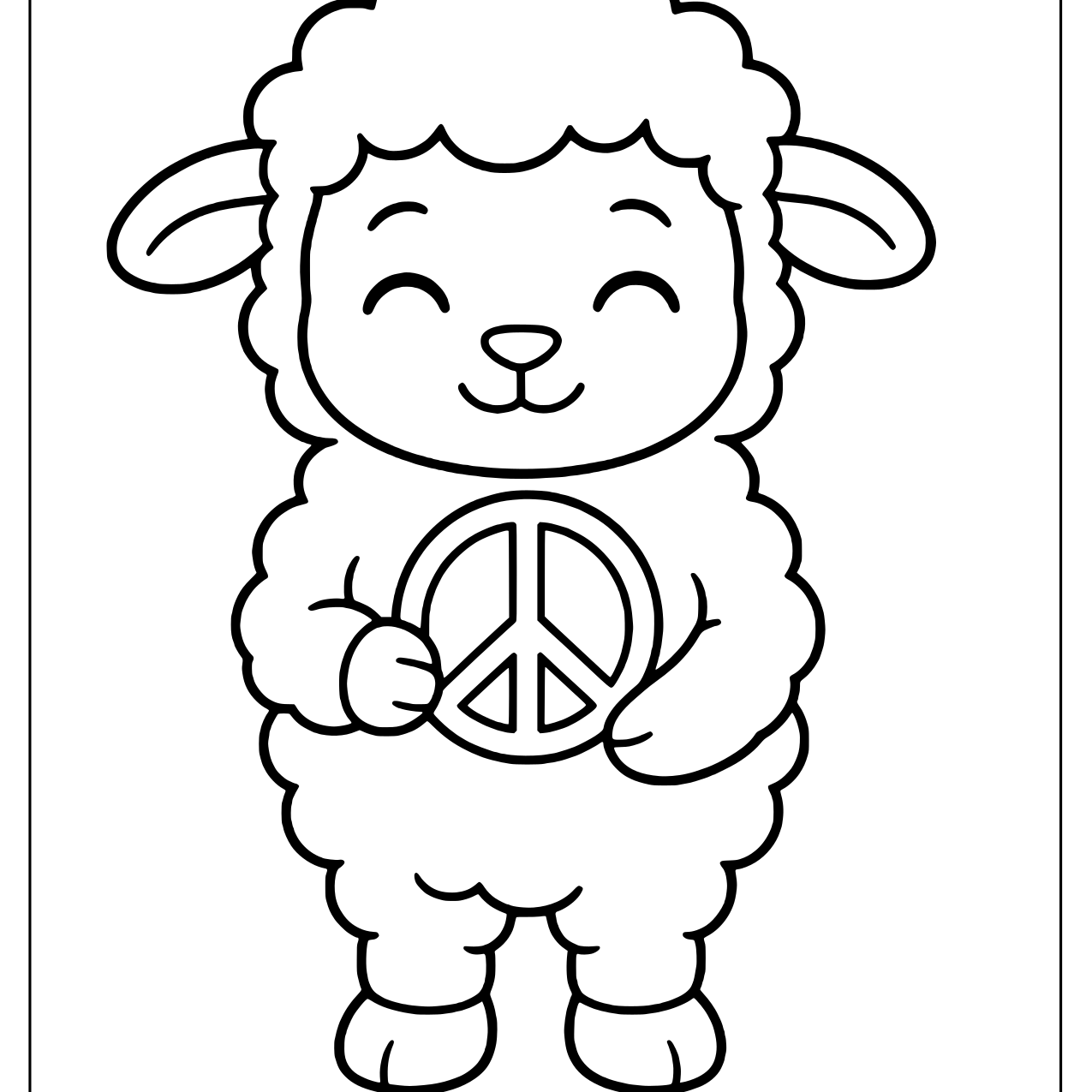 Fluffy standing lamb holding a round peace sign