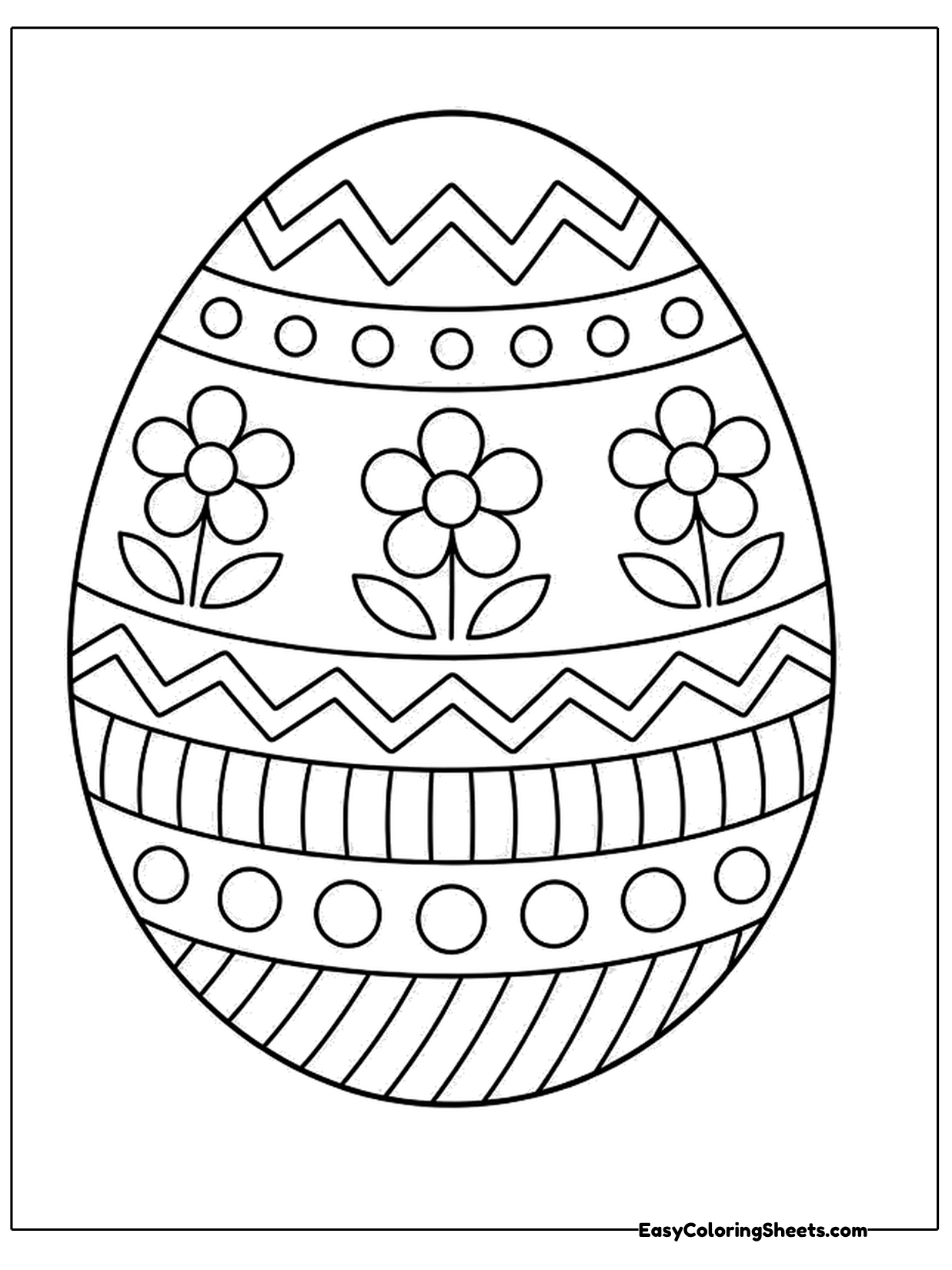 A large Easter egg is decorated with rows of flowers, zigzags and wavy bands.
