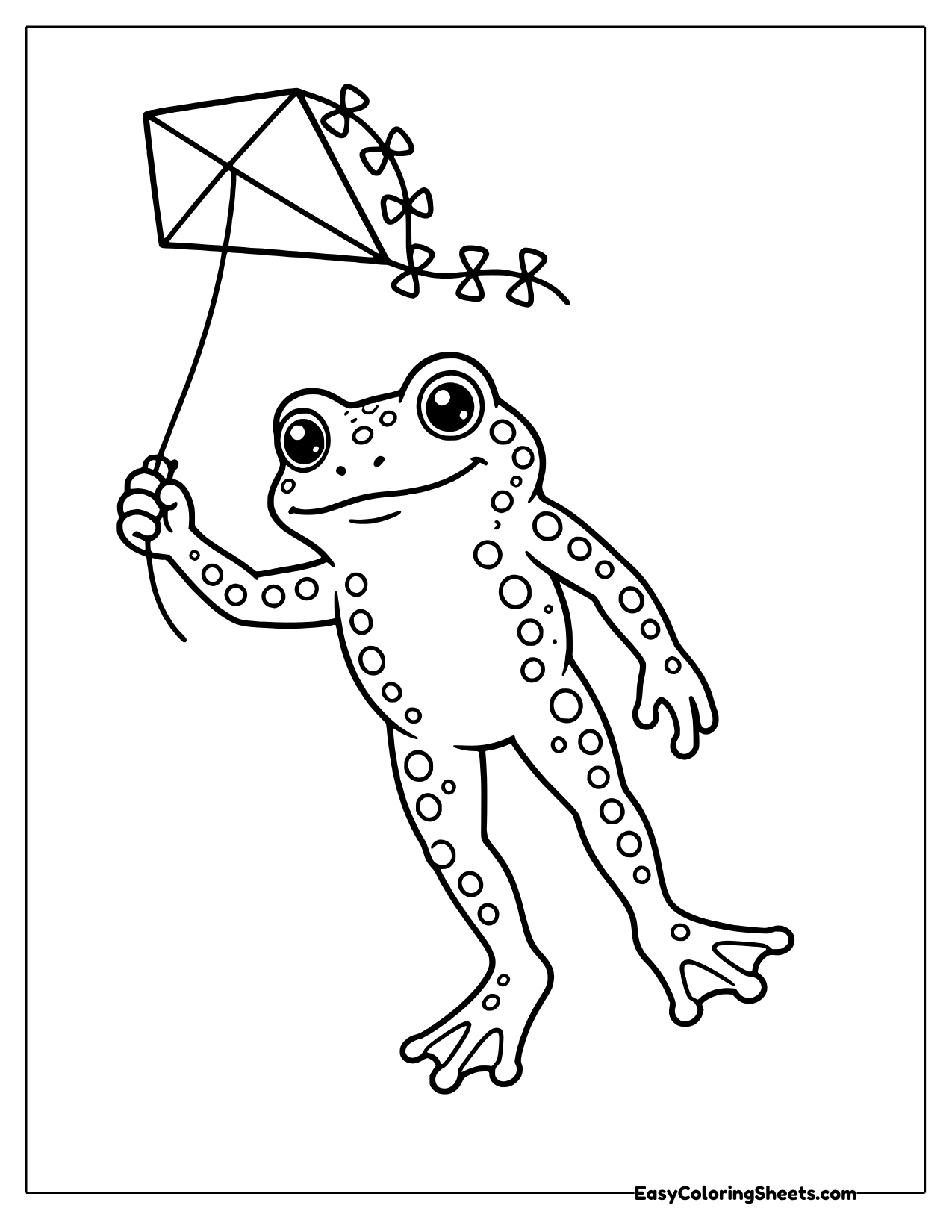 Happy bumpy toad flying a diamond kite with a bow tail