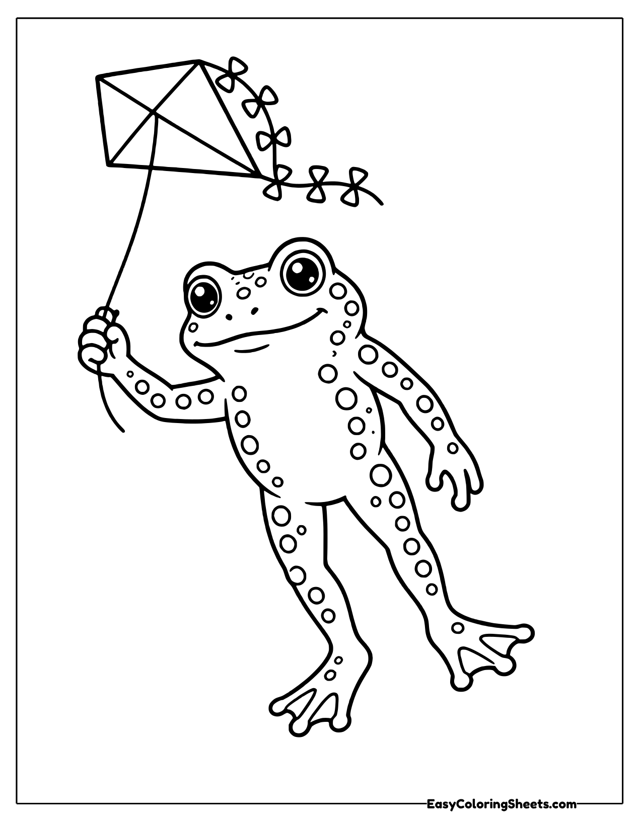 Happy bumpy toad flying a diamond kite with a bow tail