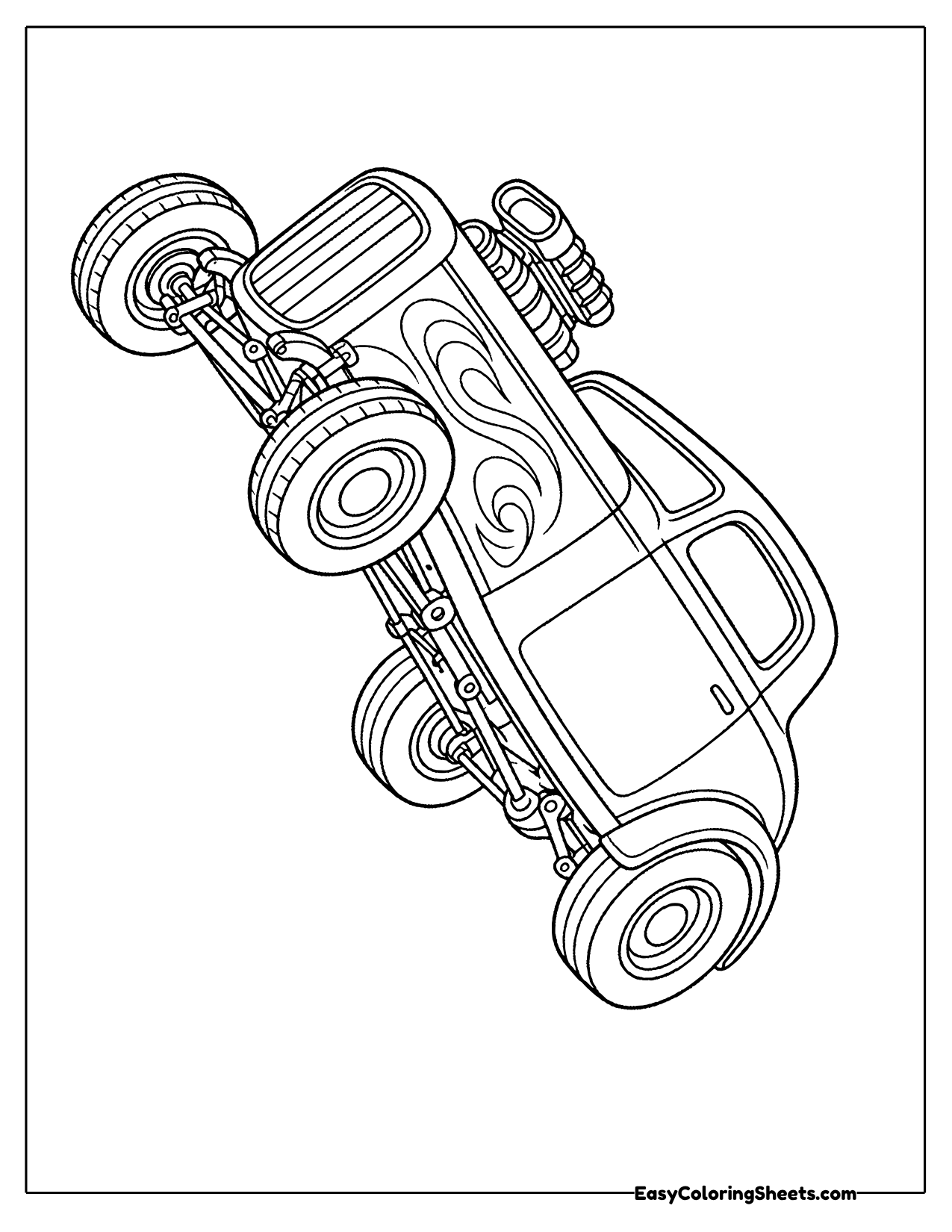 Chopped coupe hot rod tilted at a steep angle
