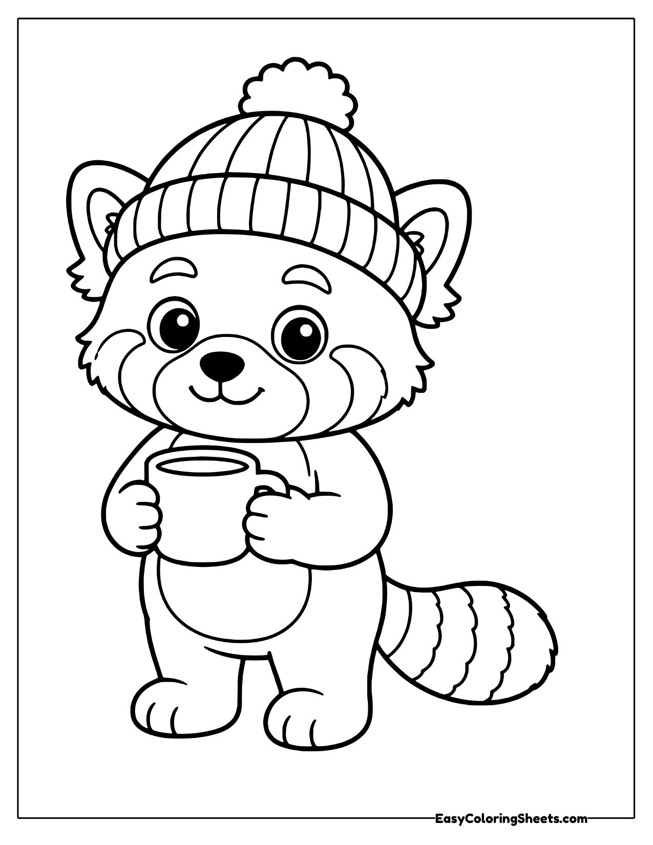 Cozy red panda in a knit hat holding a warm mug