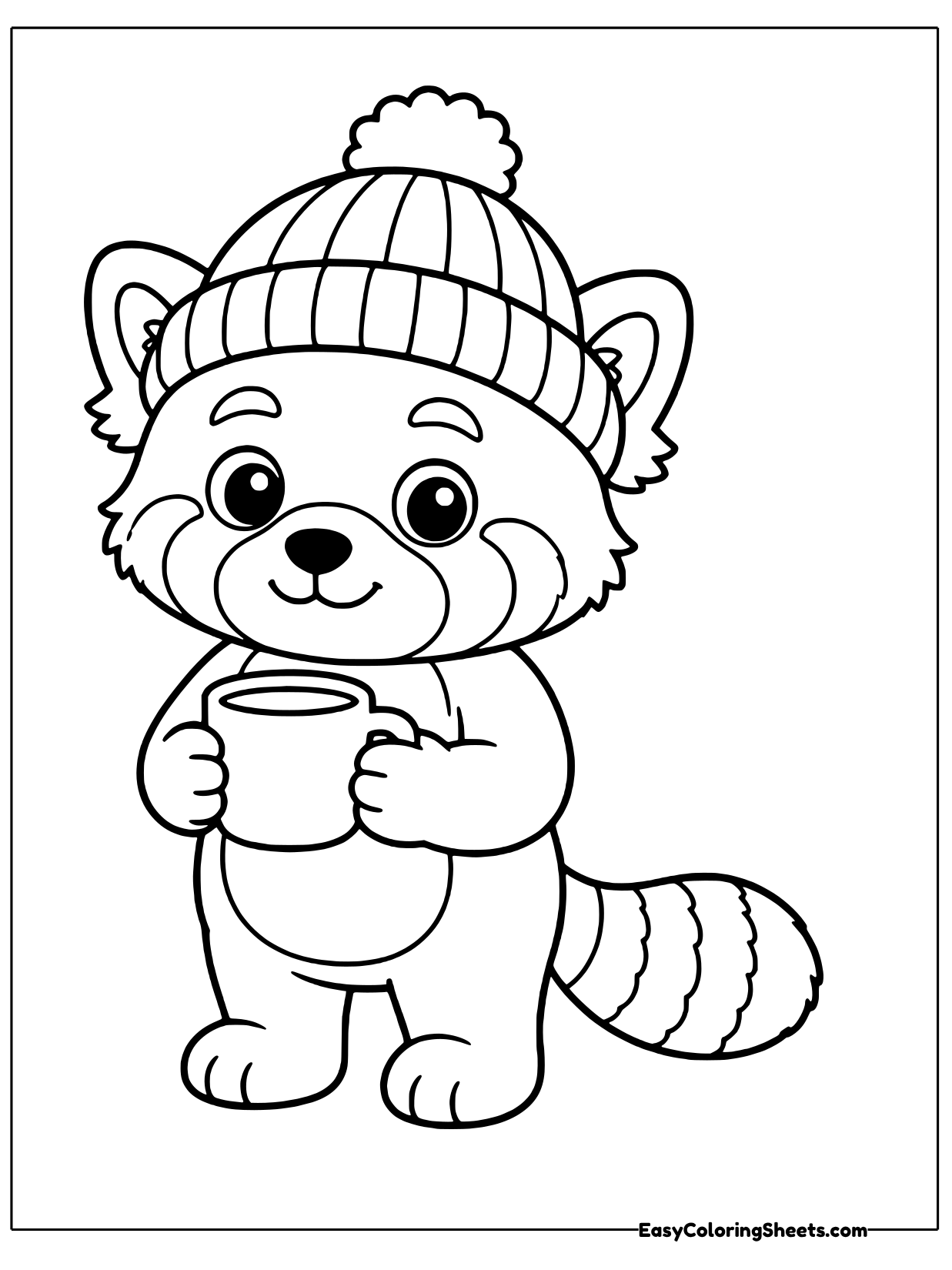 A cozy red panda in a ribbed knit hat holds a warm mug with both paws, its big ringed tail wrapped beside it.