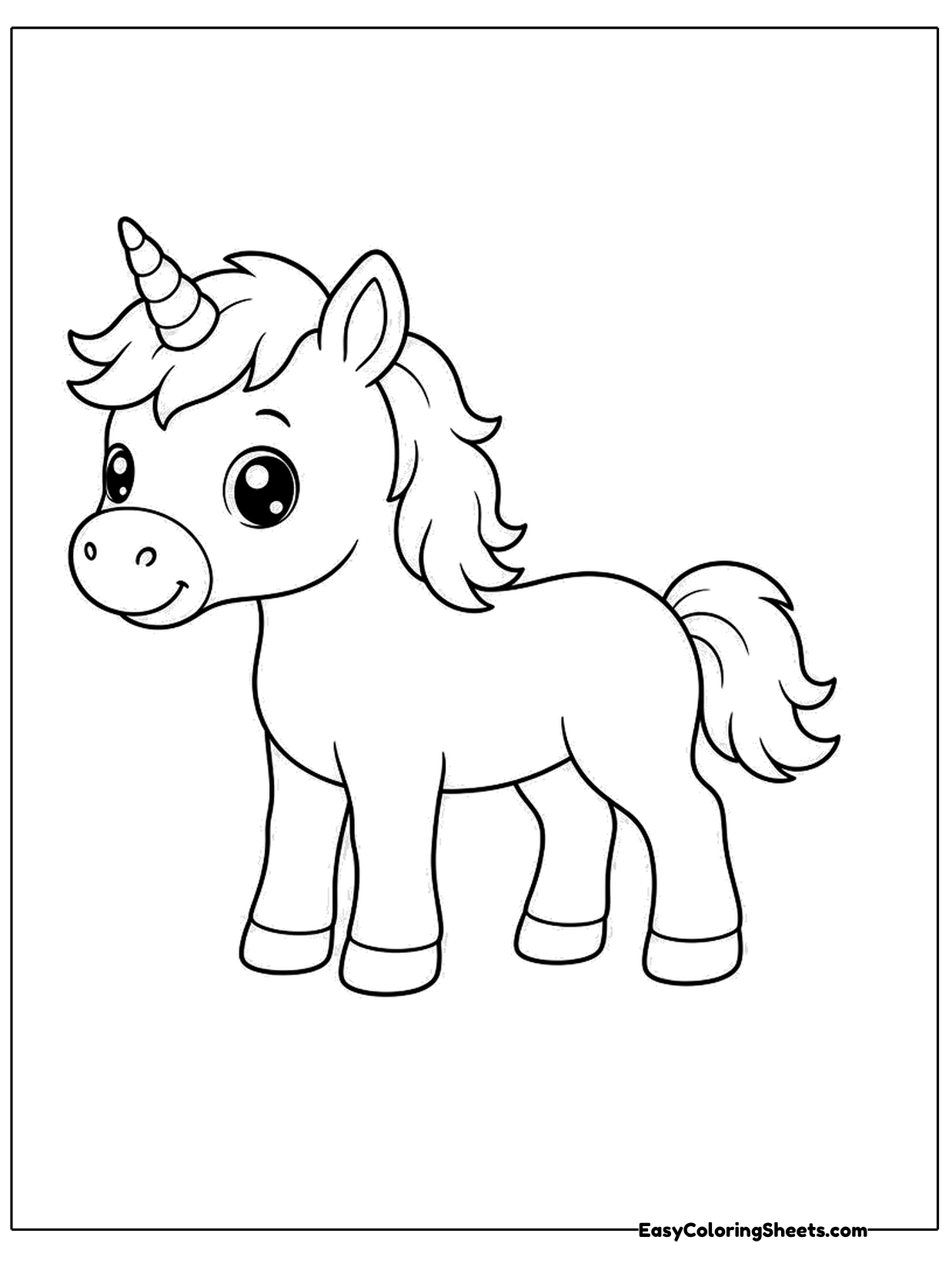 A young unicorn with a small horn, a short fluffy mane and a swishy tail stands on slender legs with a sweet smile.