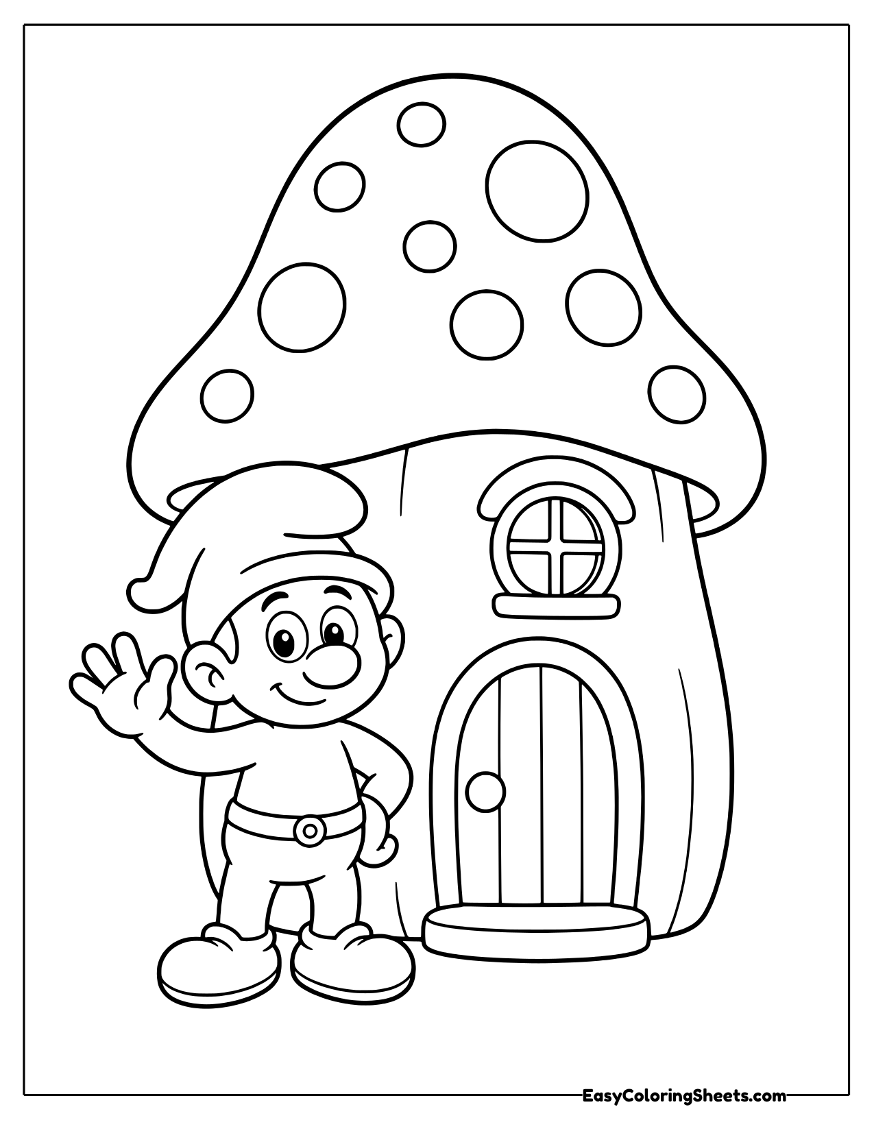 A Smurf waving in front of a spotted mushroom house with a round window and arched door