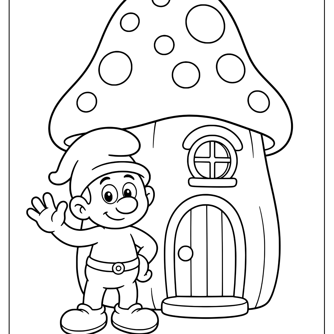 A Smurf waving in front of a spotted mushroom house with a round window and arched door