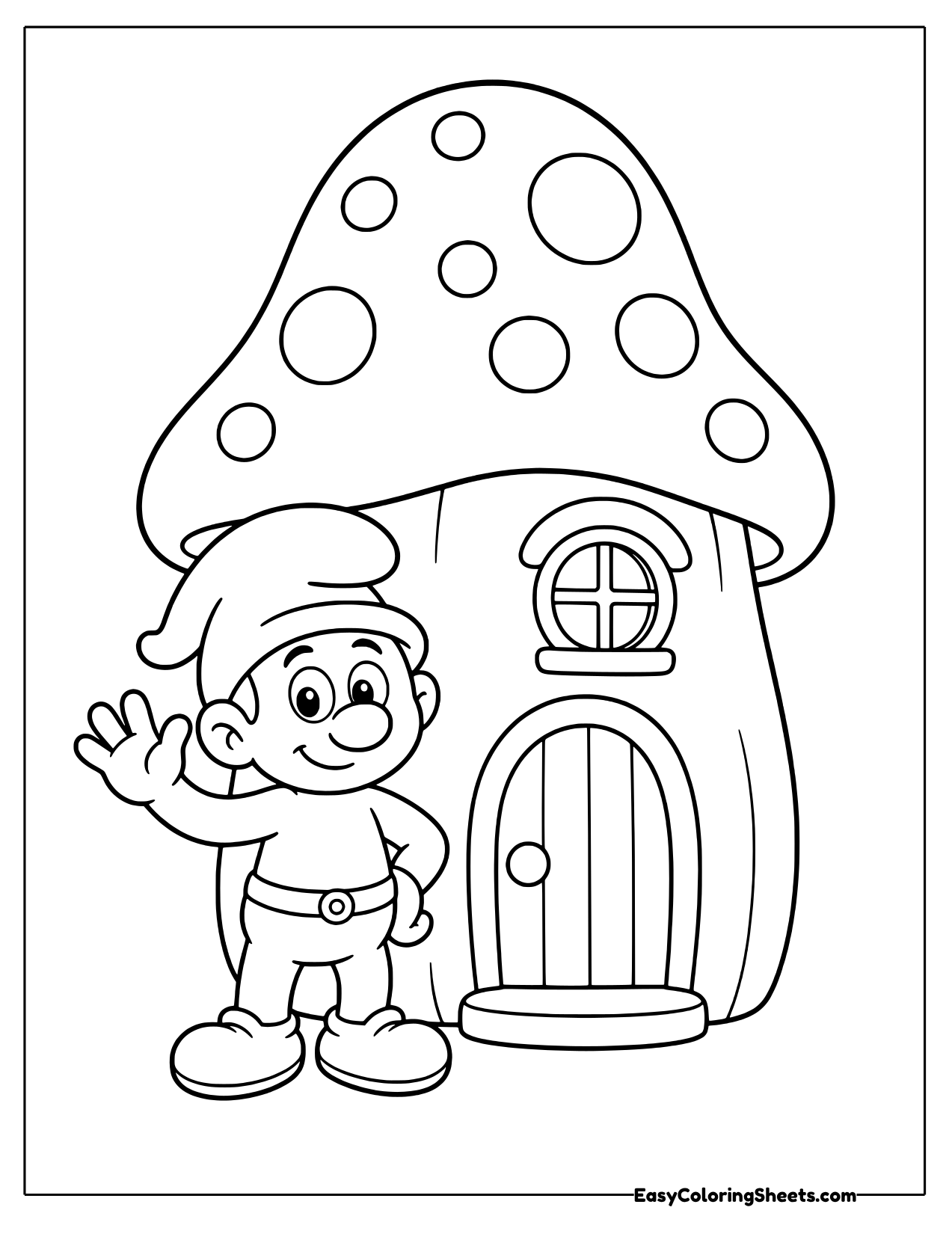A Smurf waving in front of a spotted mushroom house with a round window and arched door