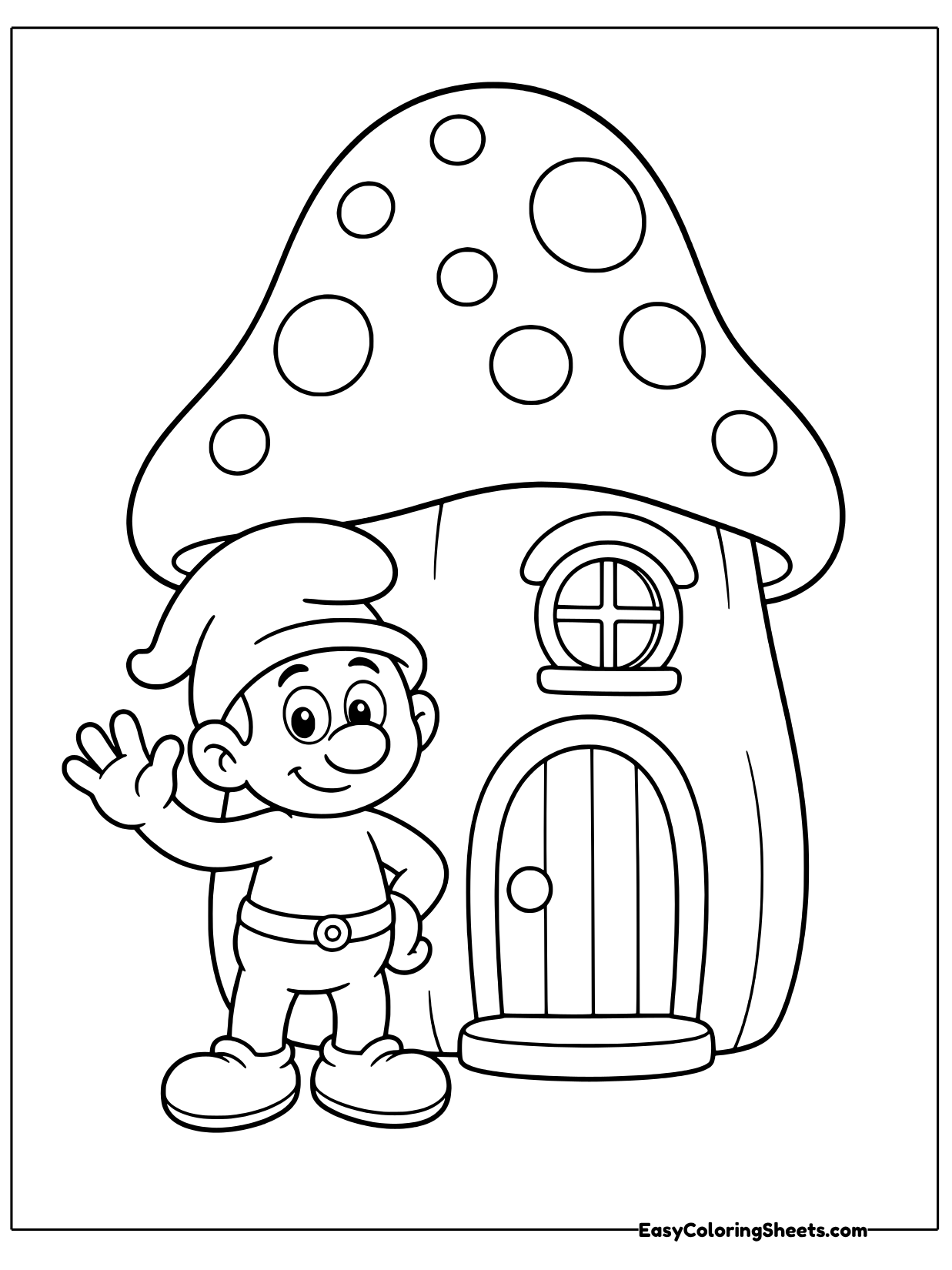 A Smurf waves hello in front of his mushroom house in this cozy coloring sheet.