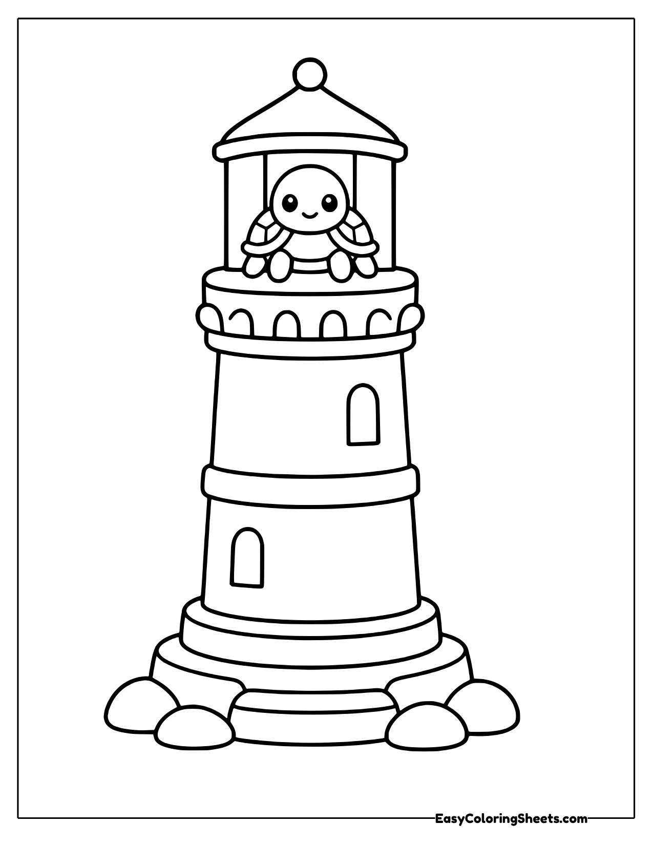 Turtle peeking from the top of a lighthouse