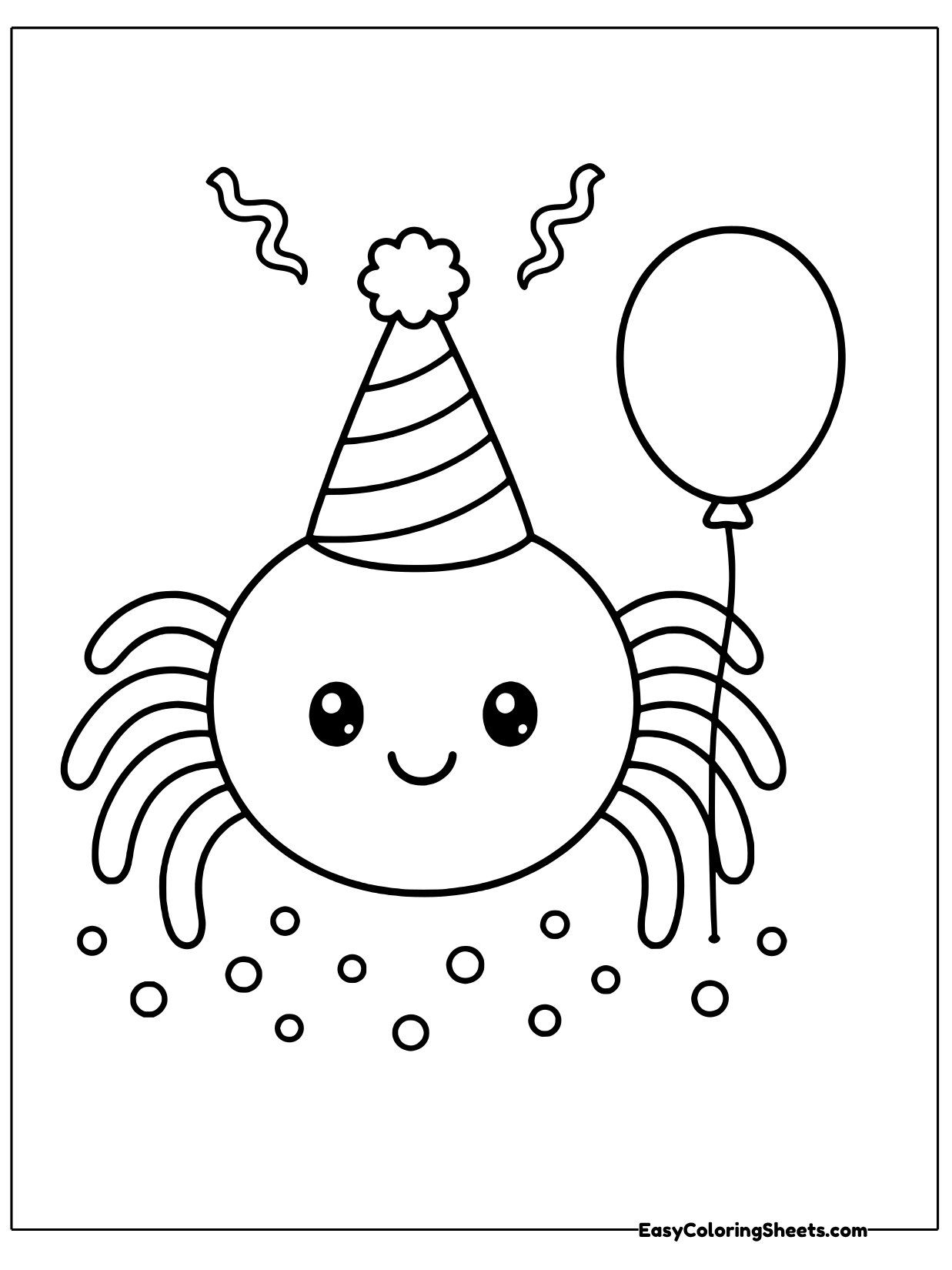 A festive spider wears a pointy party hat and holds the string of a round balloon.