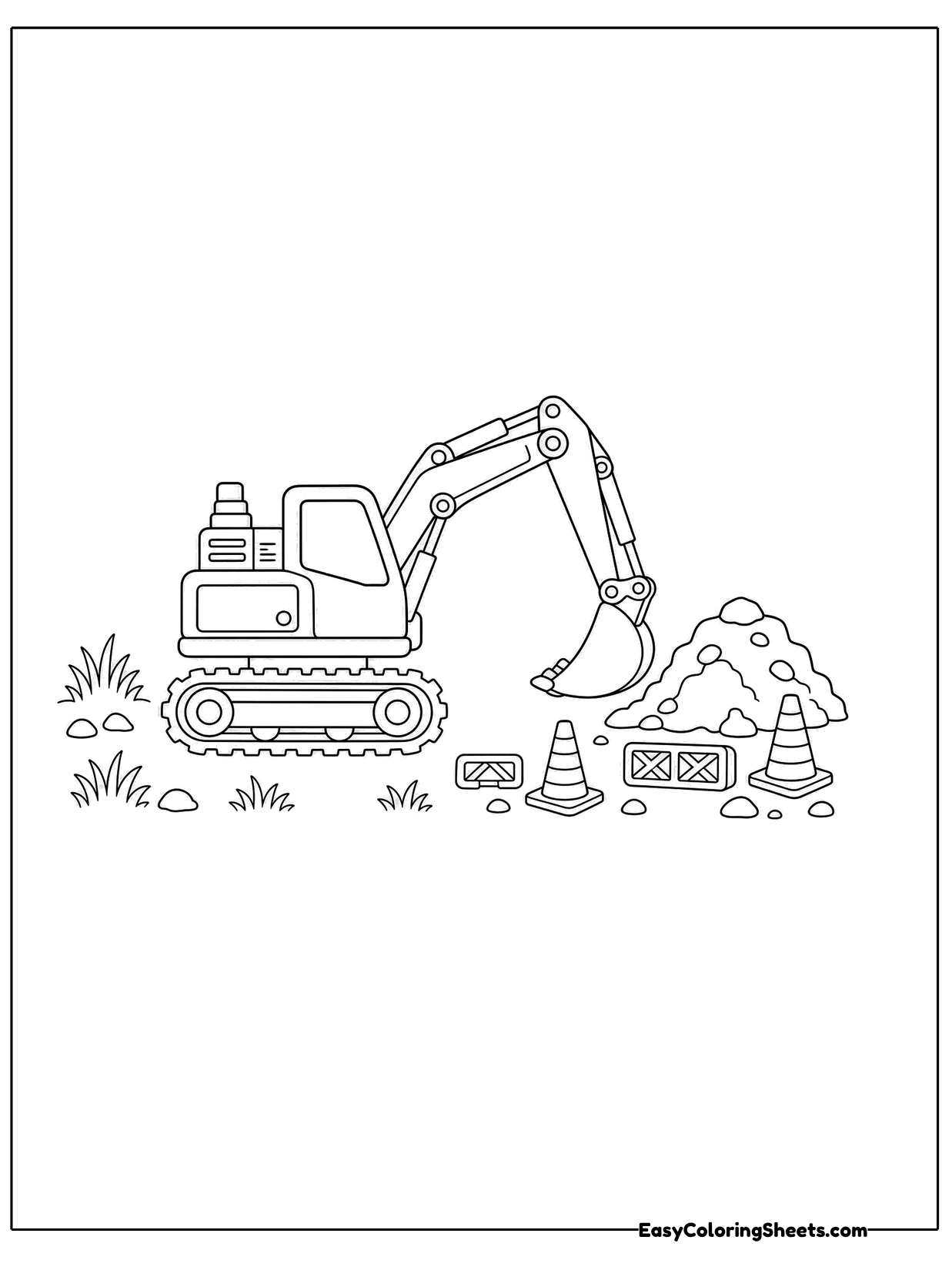 An excavator digs at a construction site with traffic cones and piles of dirt around it.