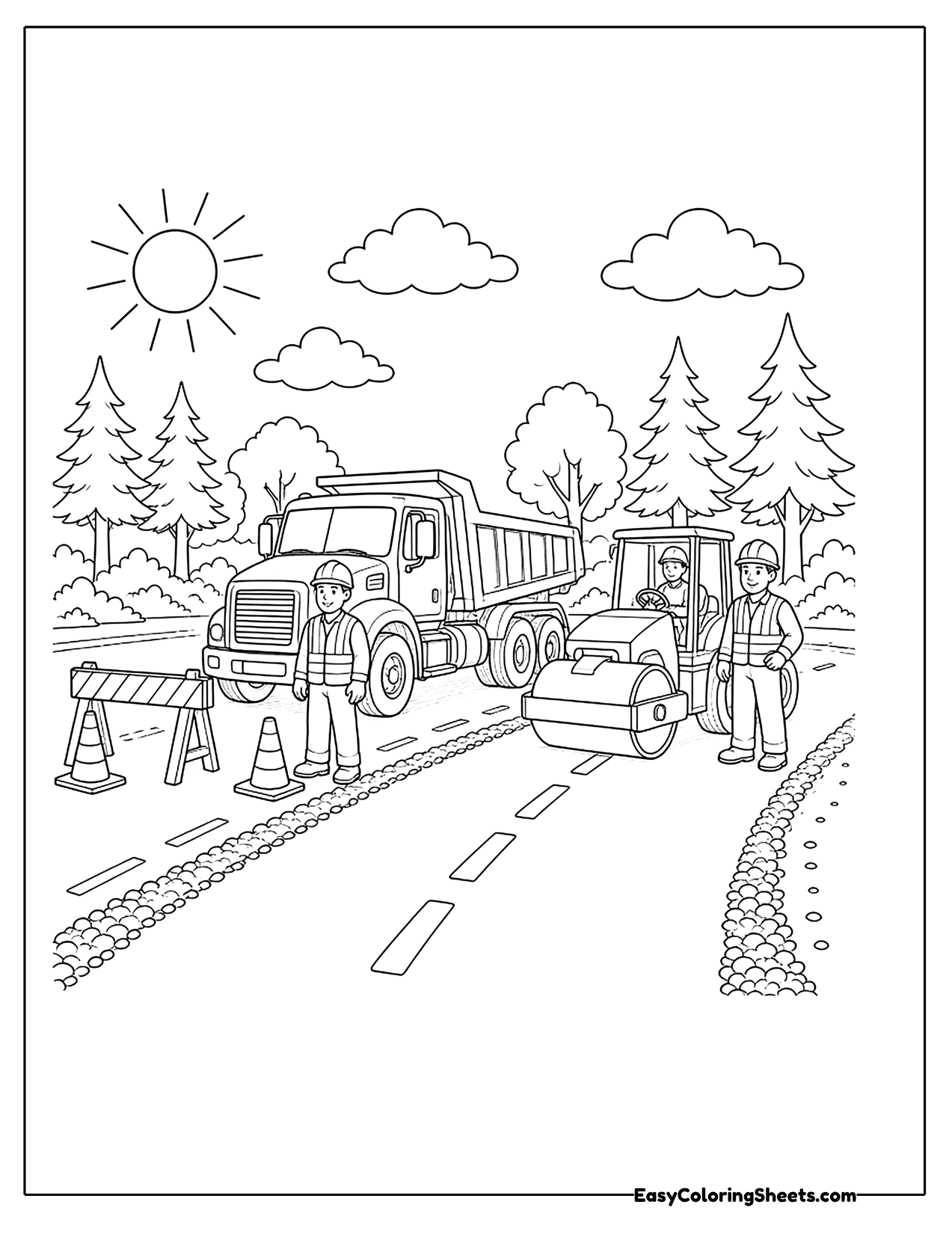 Dump truck with a road crew at work