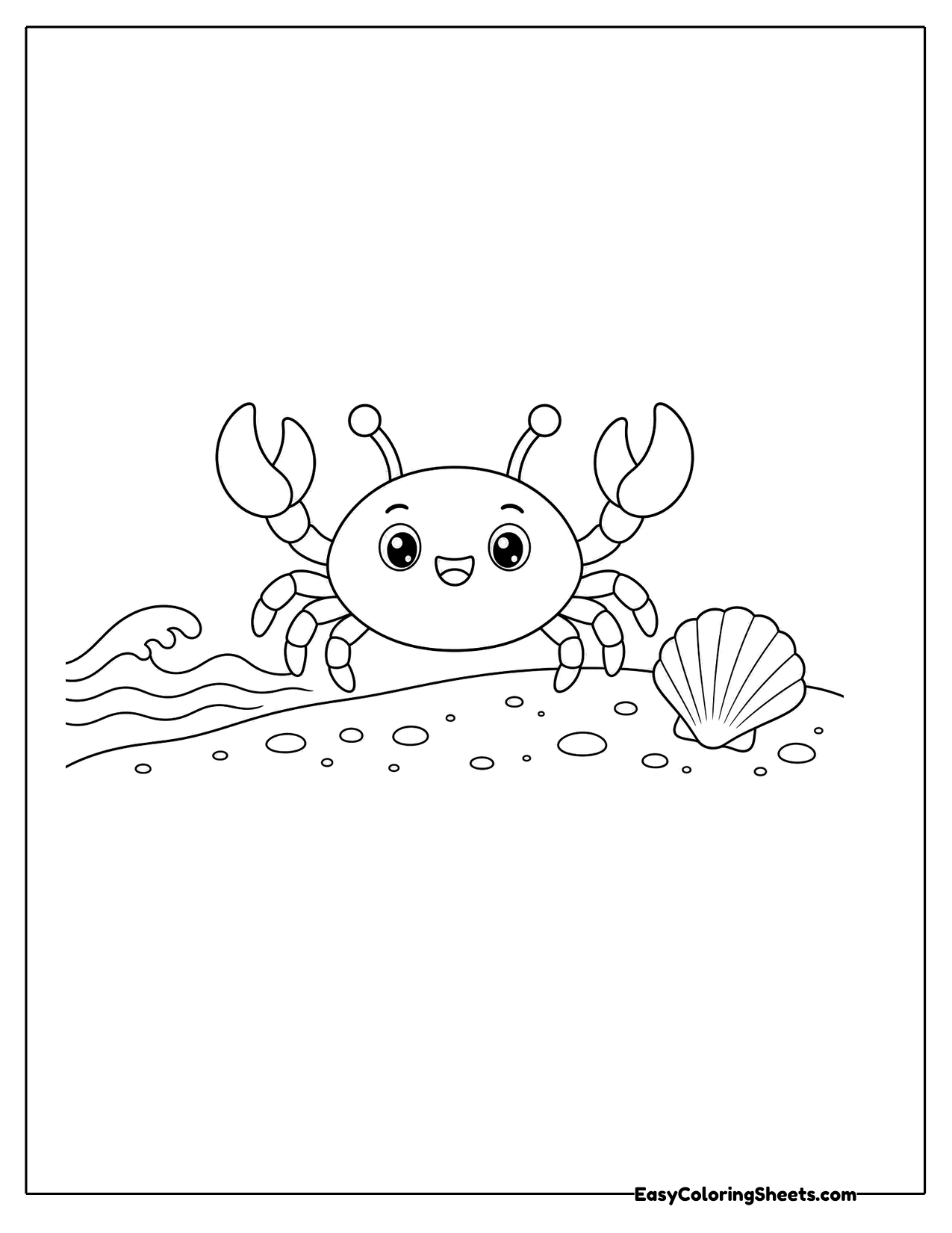 Crab walking on the beach with shells
