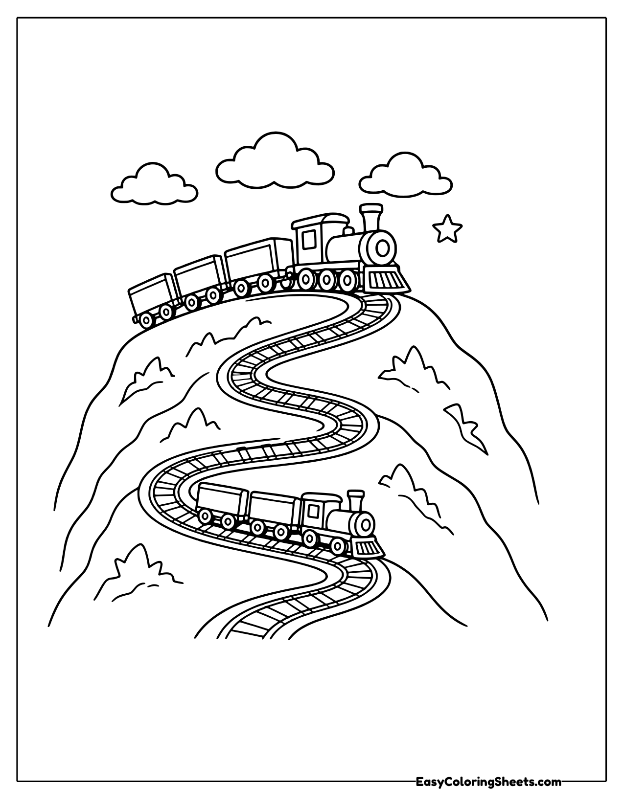 Freight train climbing a winding mountain track