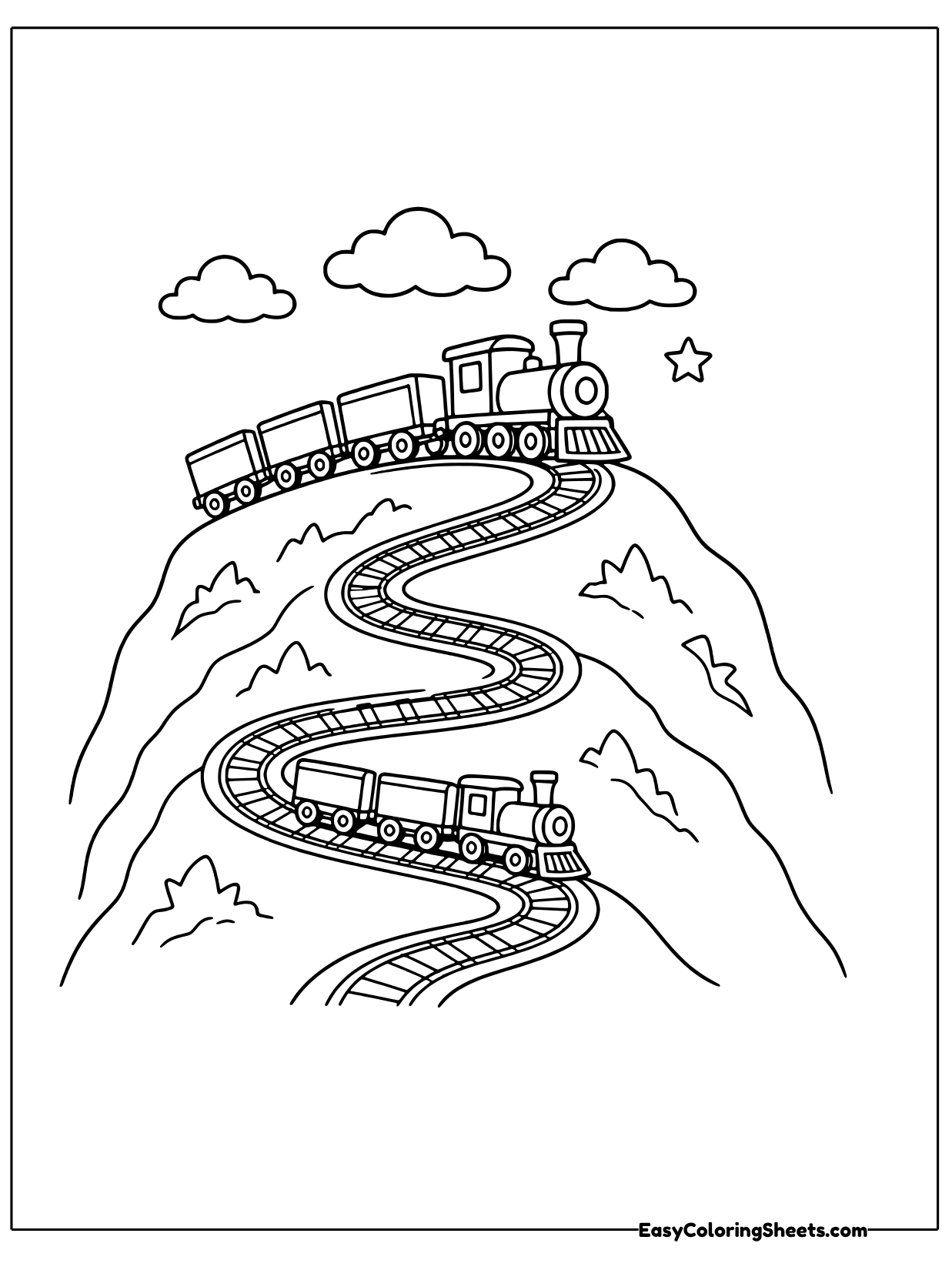 A long freight train winds up a curving track around a steep mountain peak, with stars twinkling in the sky.