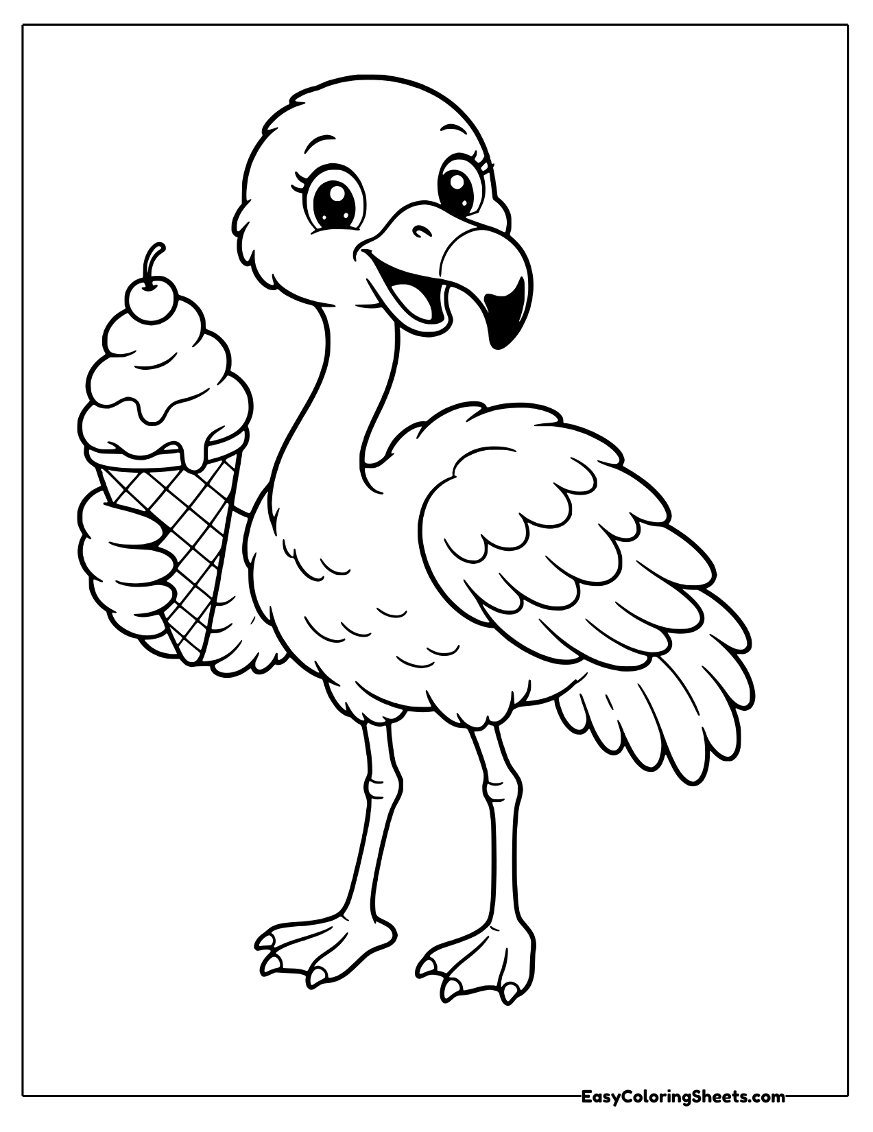 Flamingo holding an ice cream cone with one wing