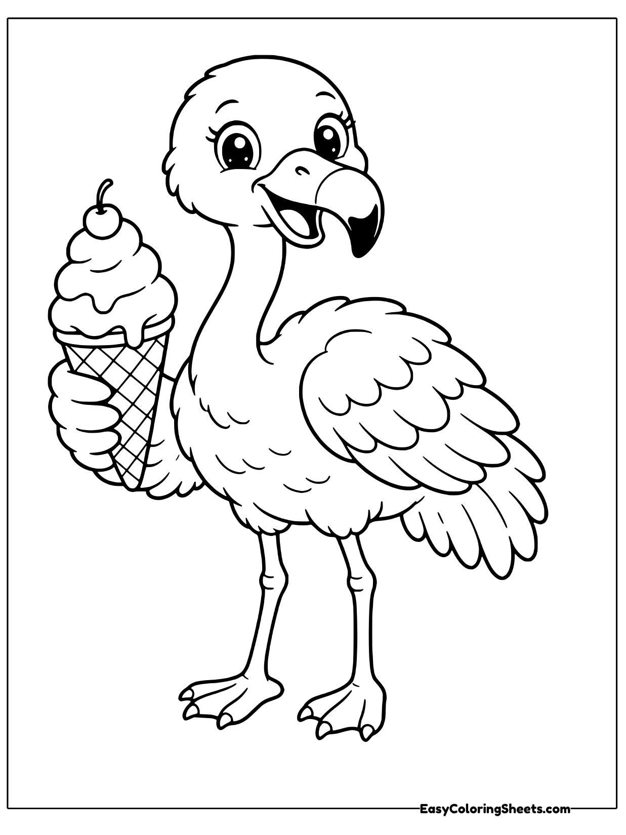 A grinning flamingo stands on its long legs and lifts a waffle cone topped with a swirly scoop.