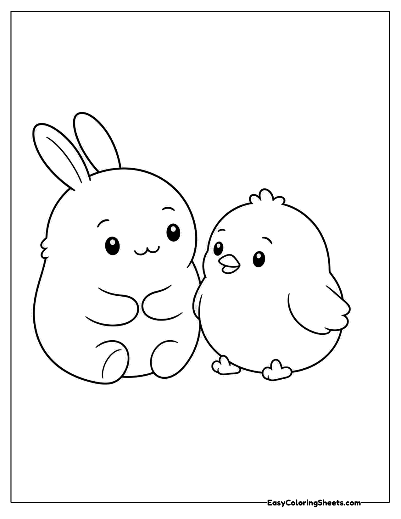 Round bunny hugging a little chick