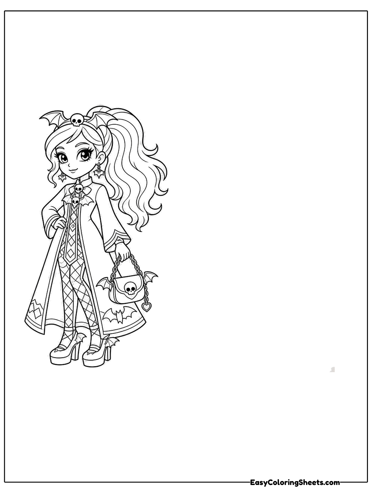 A fashion girl with long wavy hair stands in a long coat and boots, holding a small handbag.