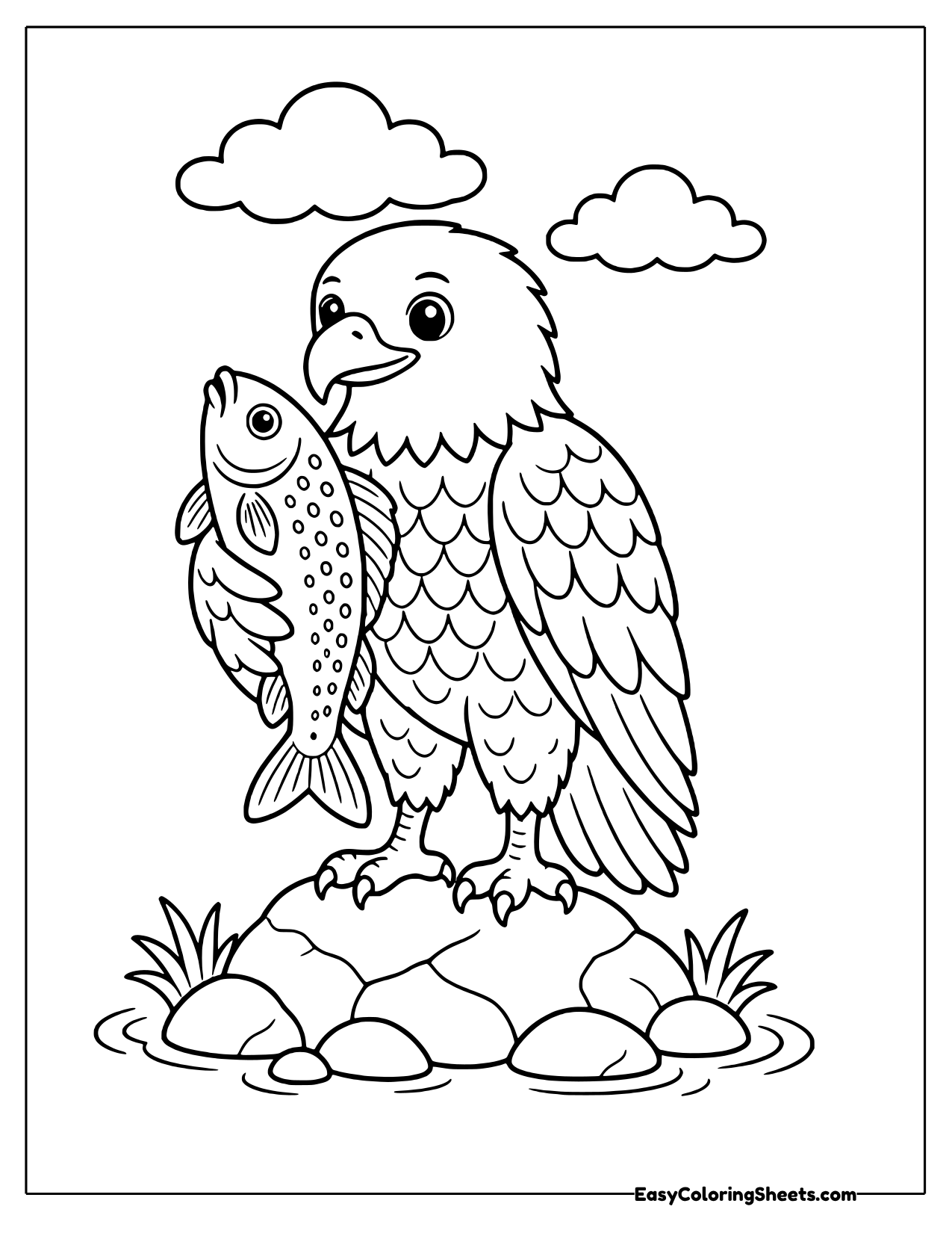 Bald eagle holding a fish beside it on rocks