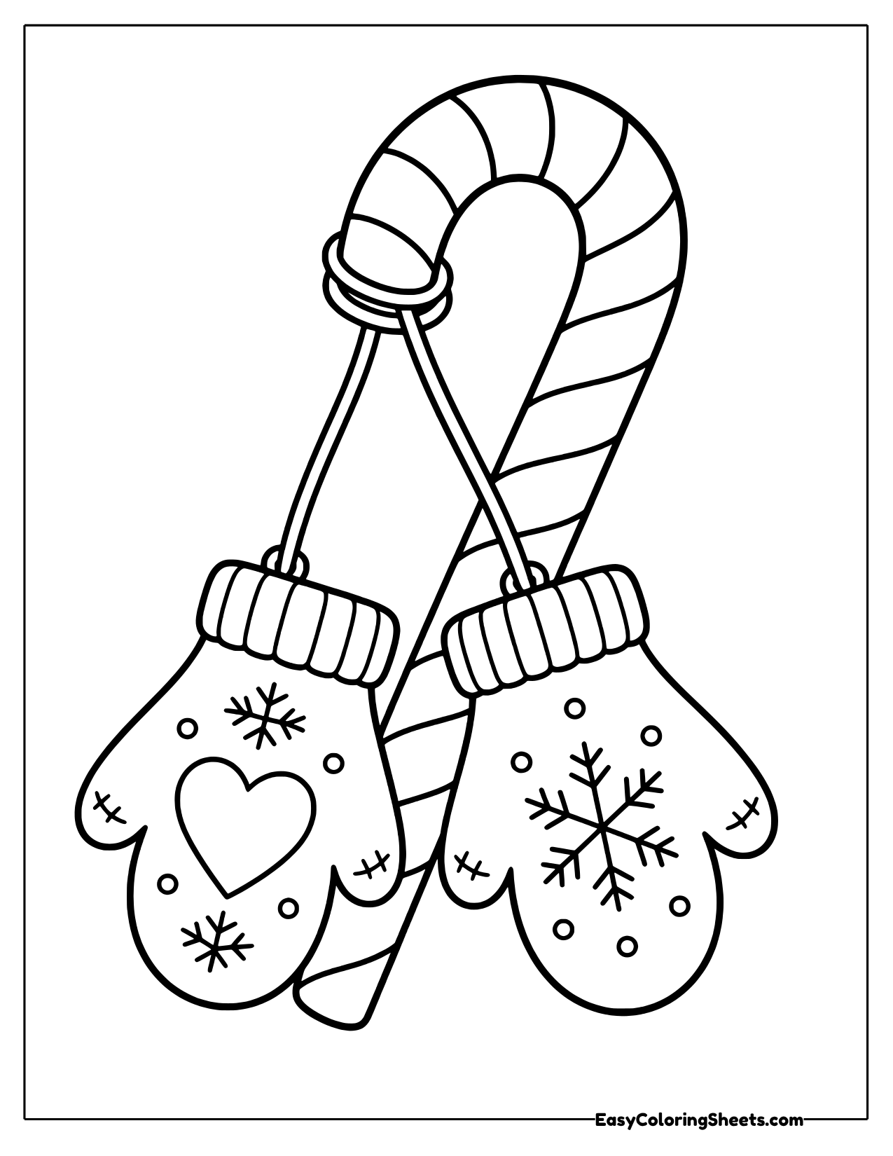 Candy cane with a pair of mittens hanging on a string