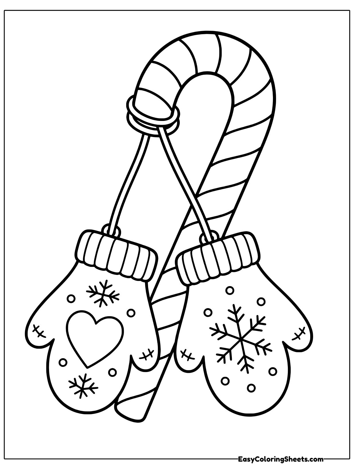 A big striped candy cane has a pair of knit mittens hanging from it on a string, one with a heart and one with a snowflake.