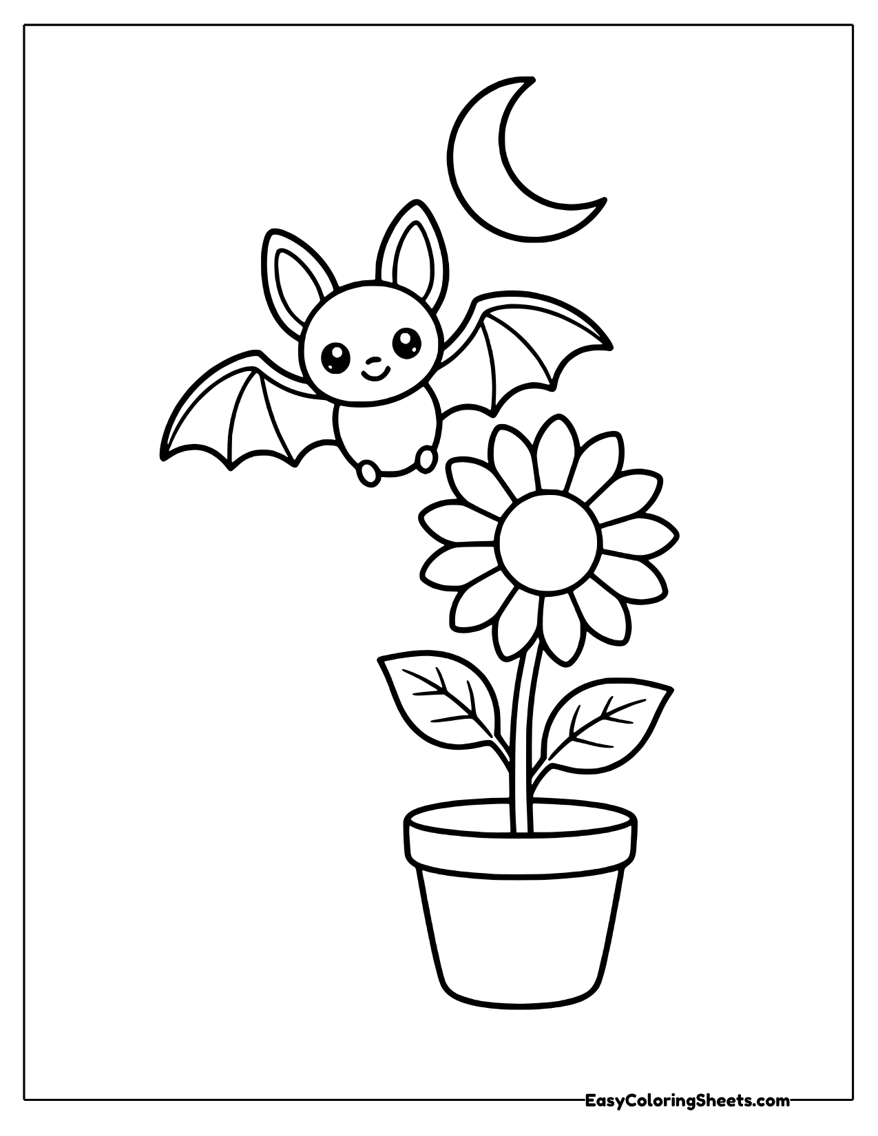 Bat flying over a potted sunflower at night