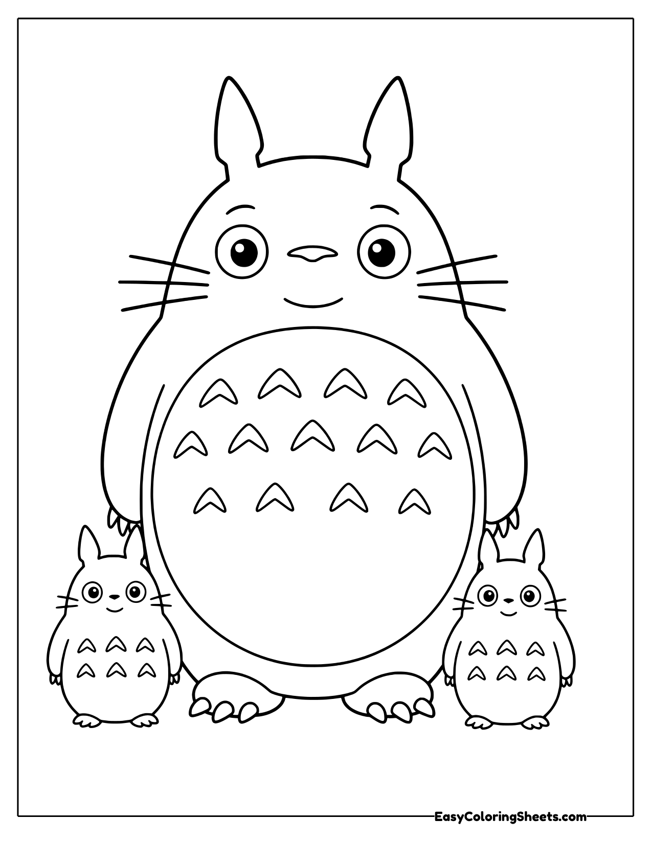 Large Totoro standing with two small Totoro spirits at his feet