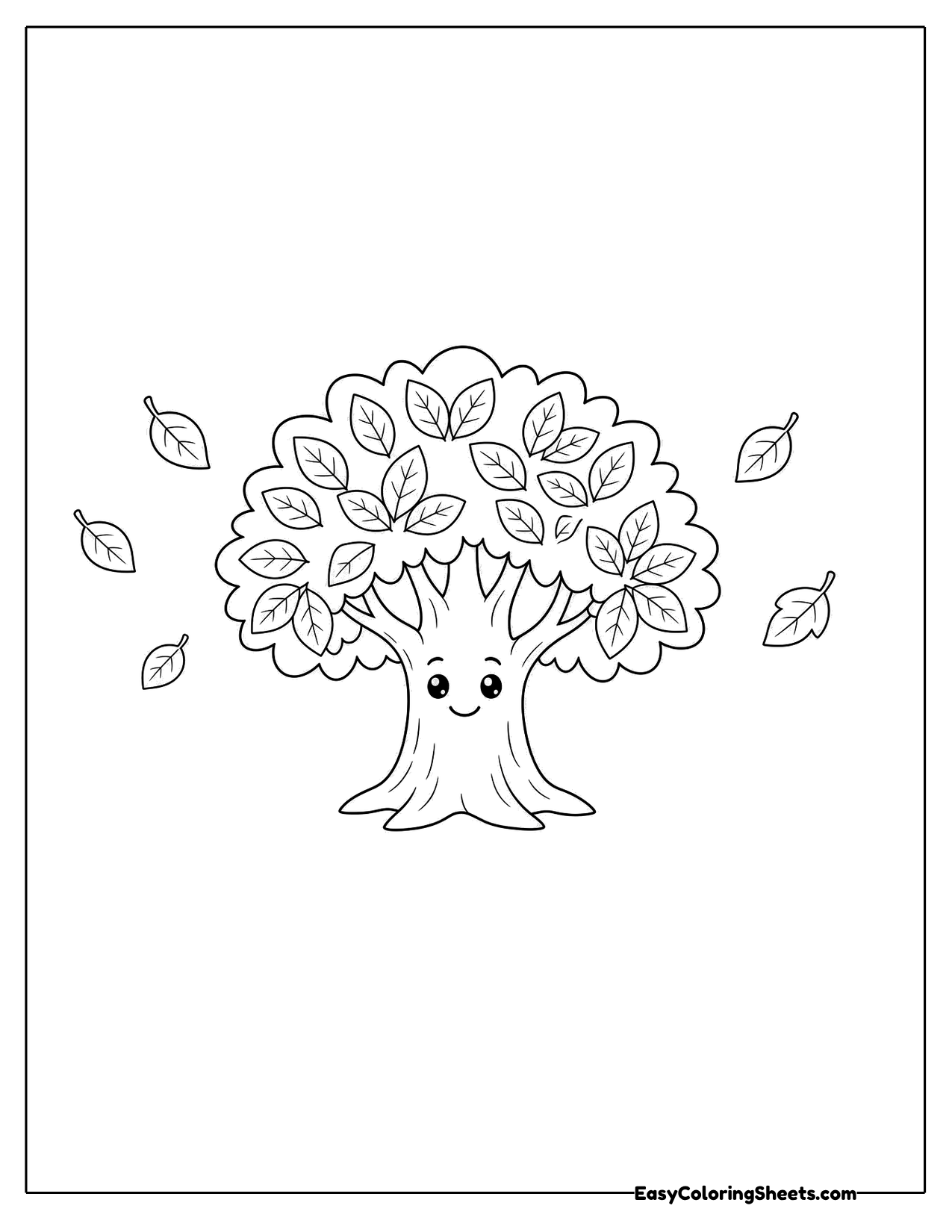 Smiling cartoon tree with round leaves and a few falling leaves